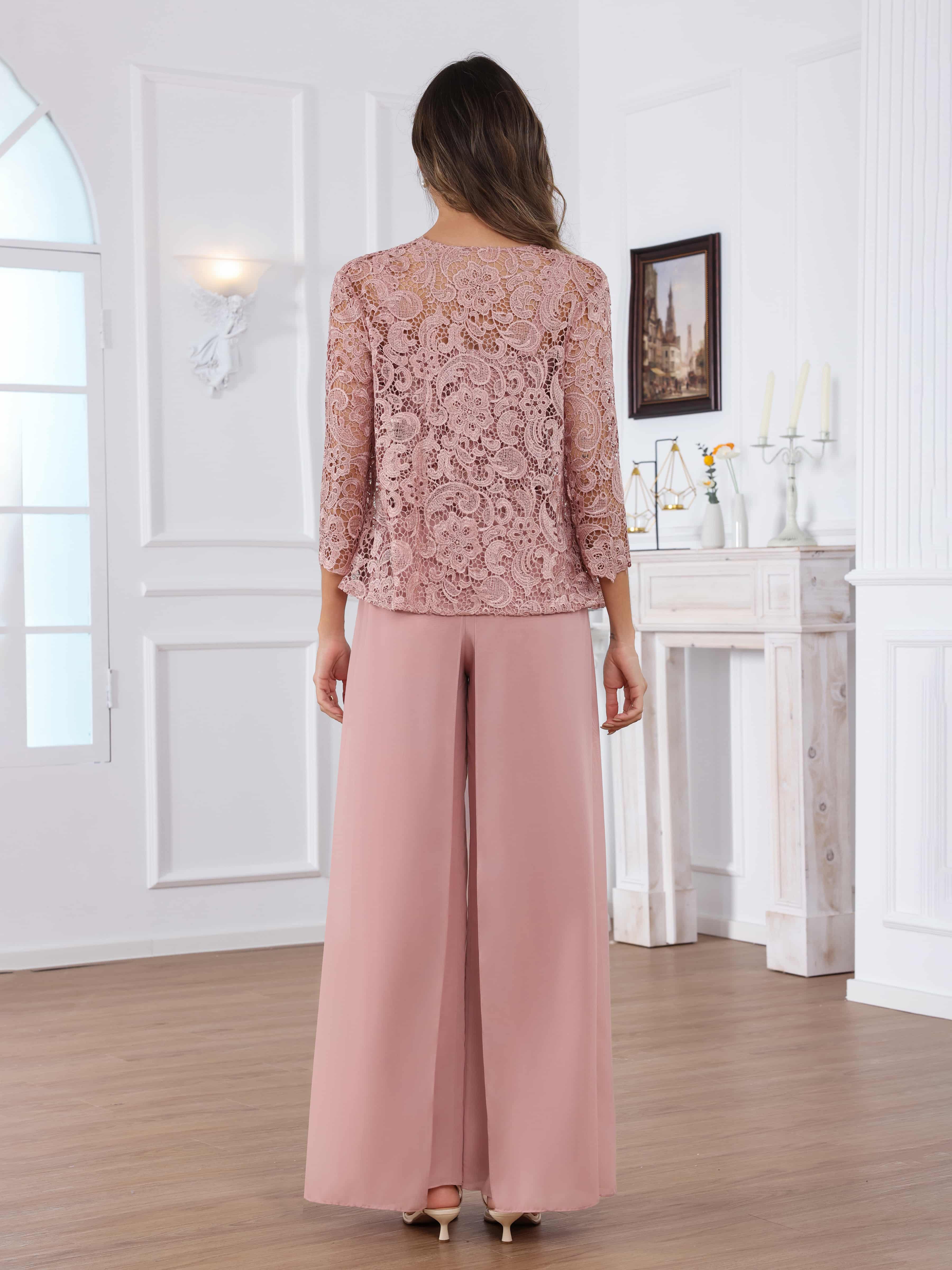 Praelithara Sophisticated Three Pieces Lace Sequins Chiffon Mother of the Bride Pantsuit