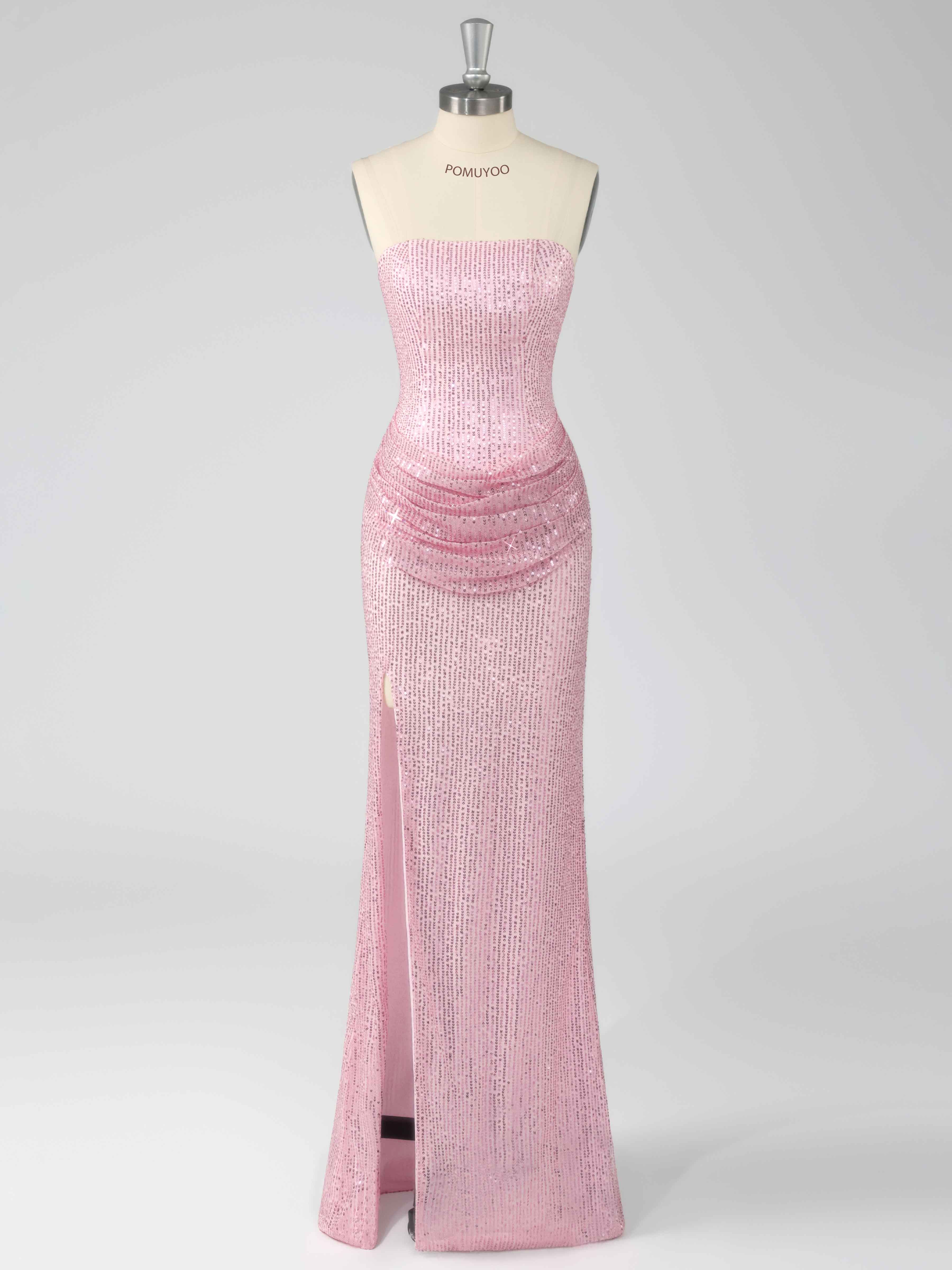 Braelitharae Dazzling Sheath Strapless Slit Sequins Long Prom Dresses