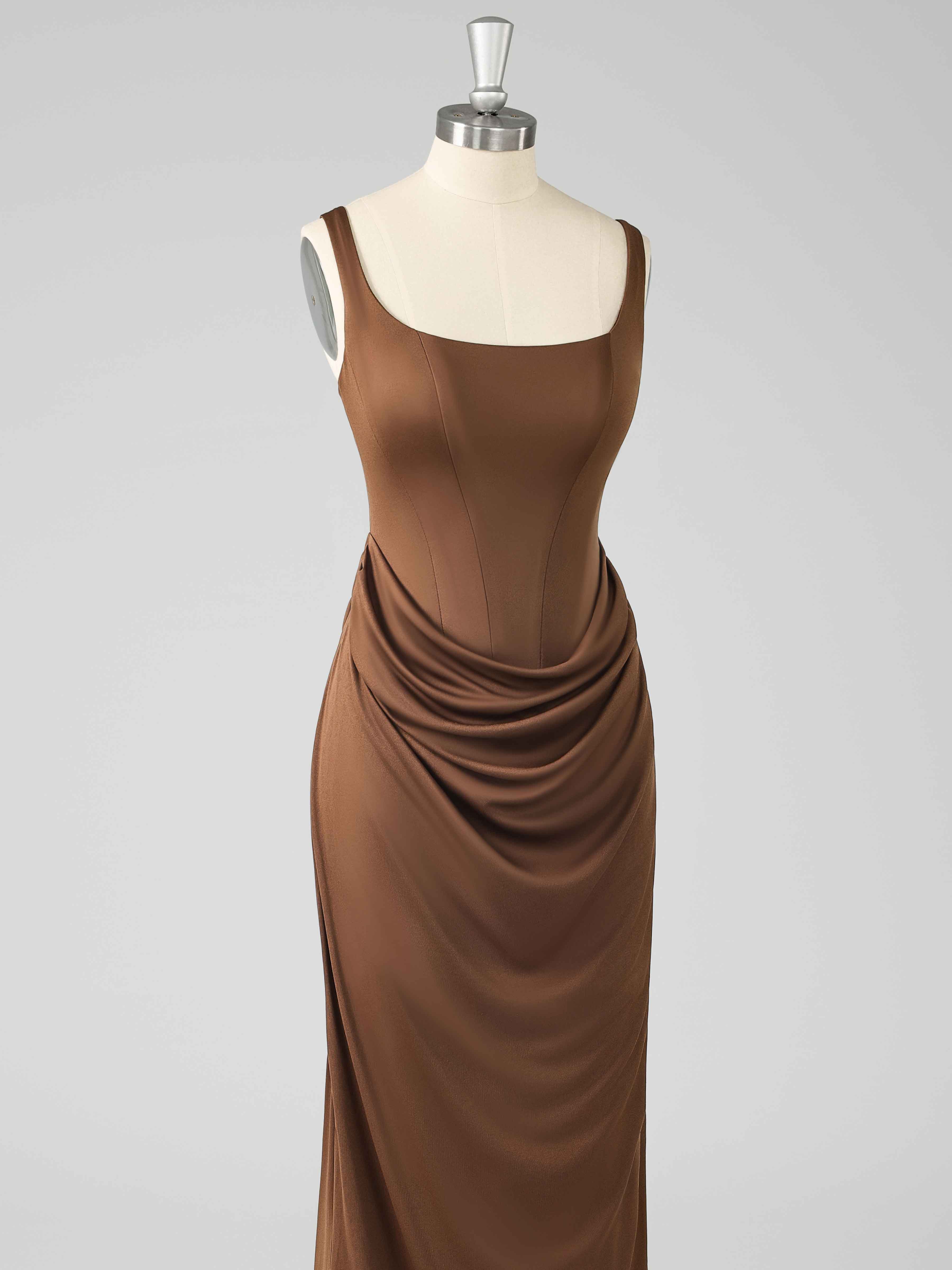 Draelitharae Gorgeous Sheath Round Neck Ruched Long Prom Dresses
