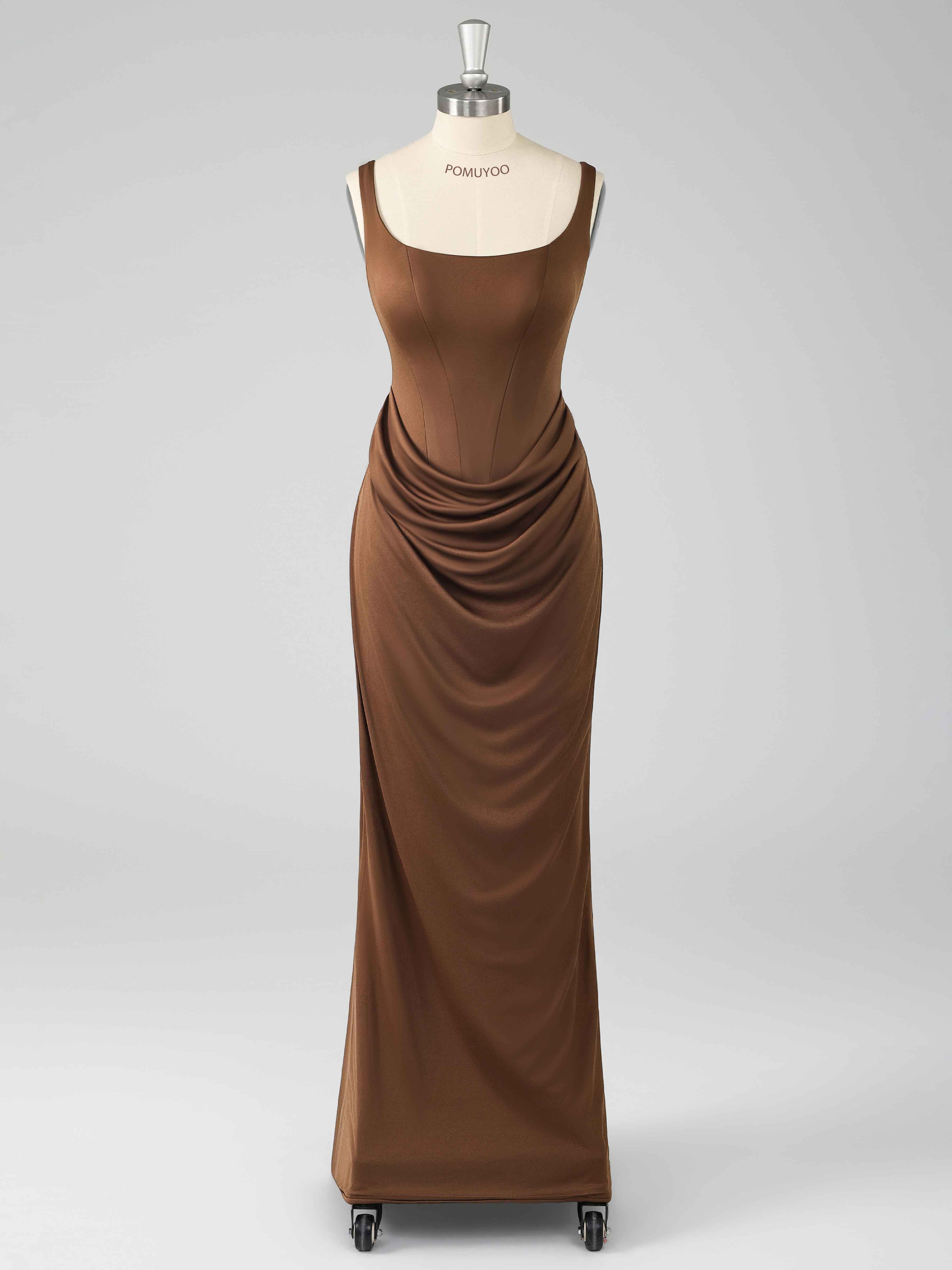 Draelitharae Gorgeous Sheath Round Neck Ruched Long Prom Dresses
