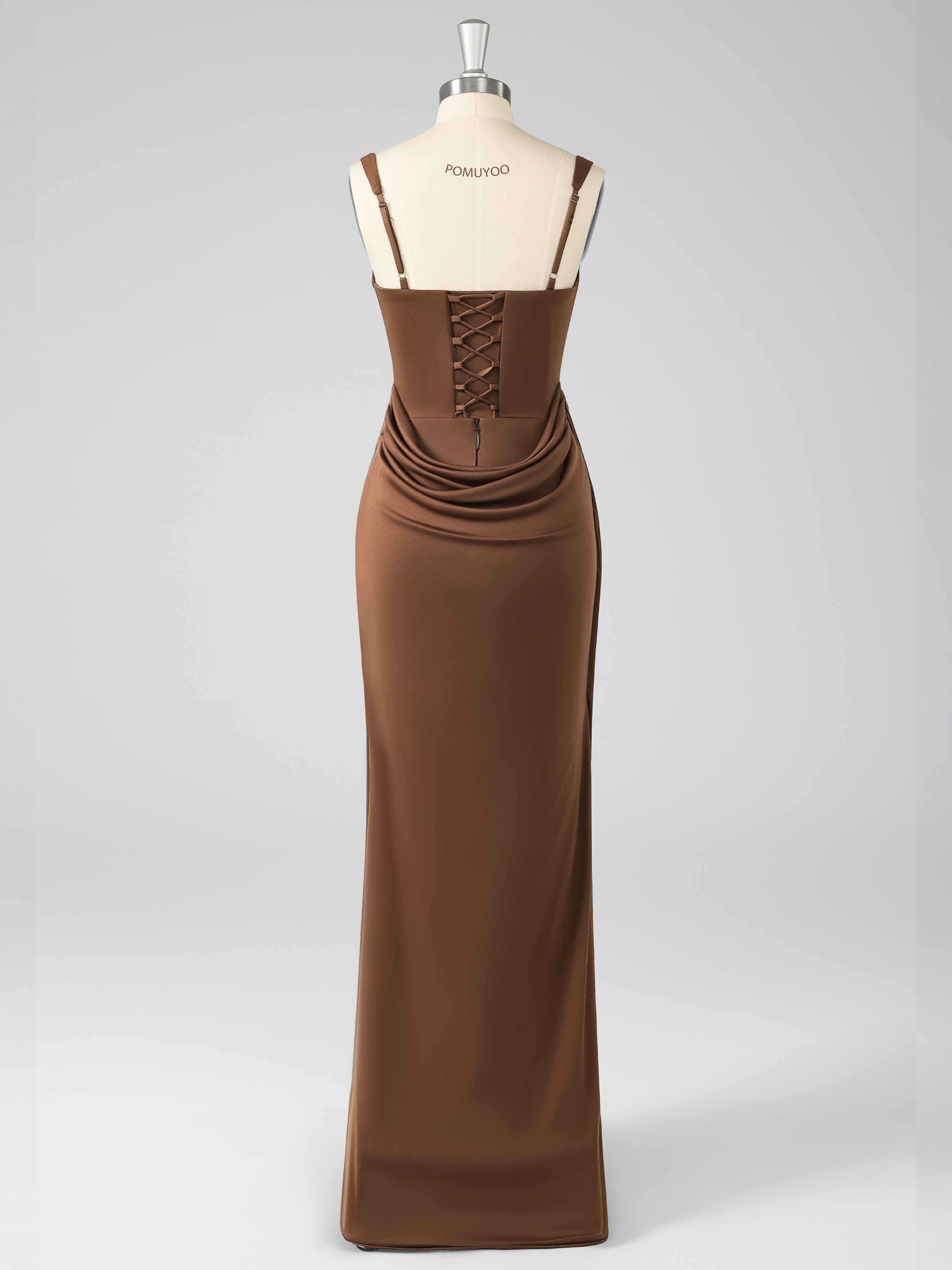 Draelitharae Gorgeous Sheath Round Neck Ruched Long Prom Dresses