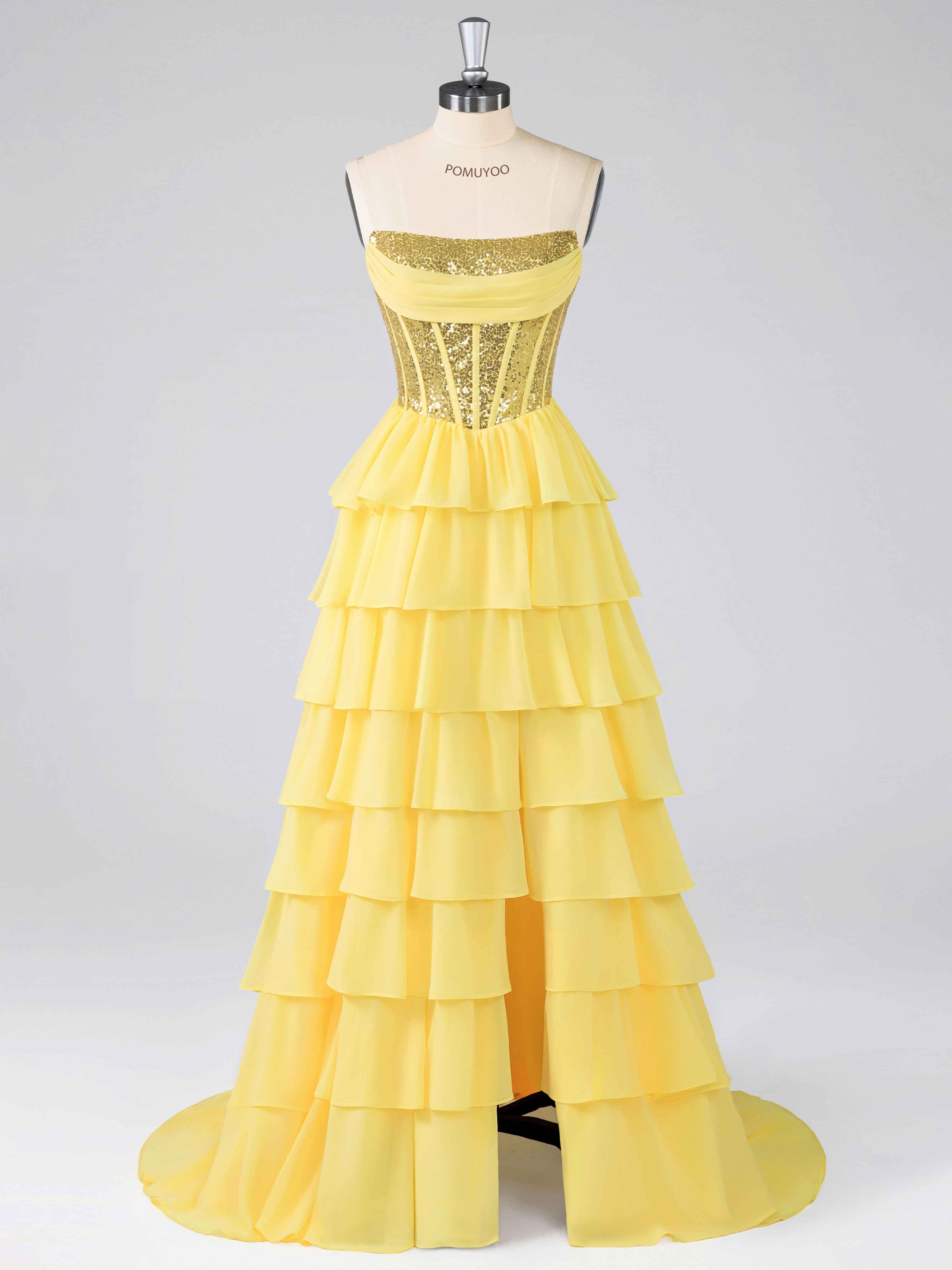 Elytharae Gorgeous Strapless Sequins Tiered Chiffon Long Prom Dresses