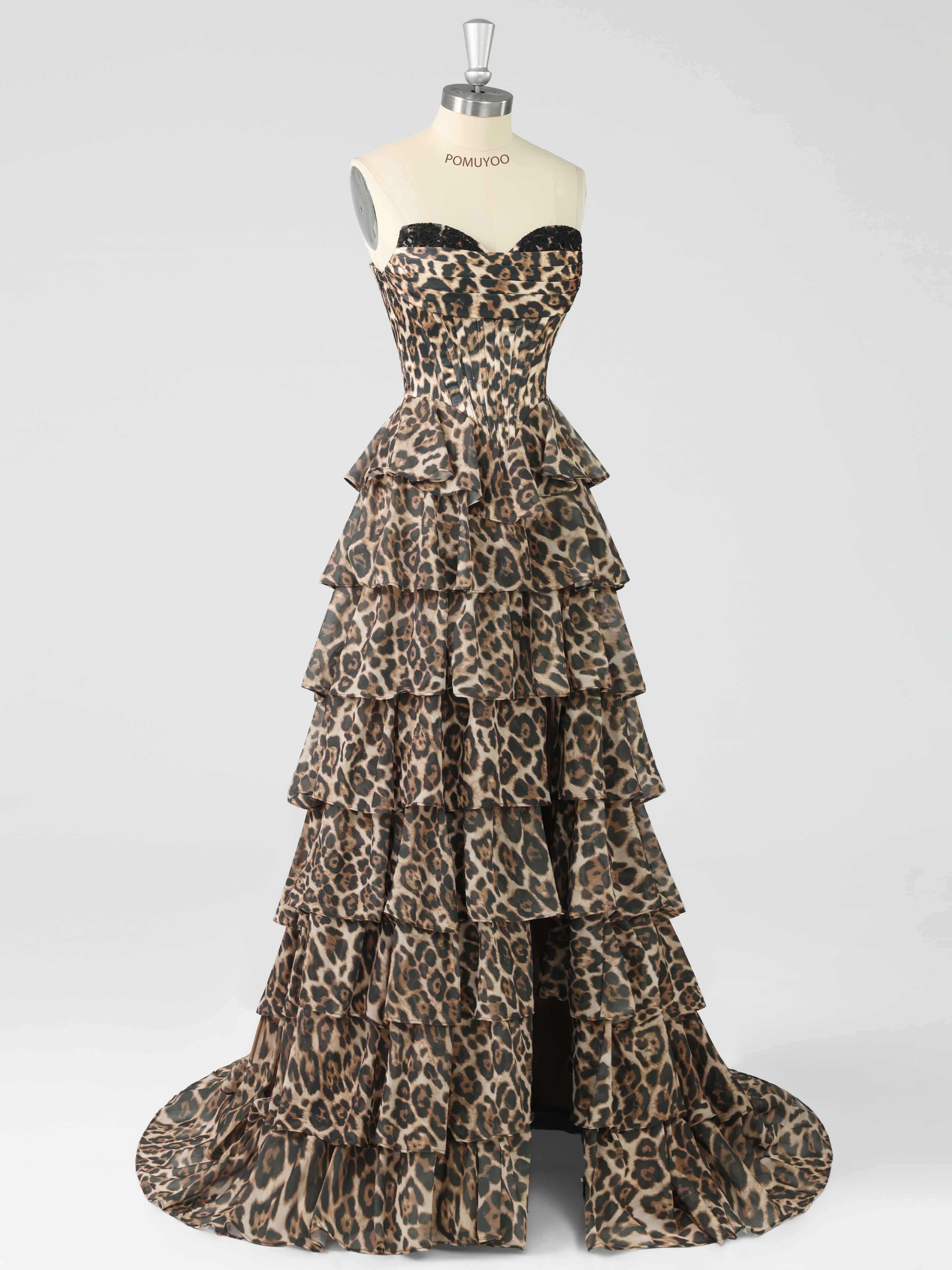 Graelitharae Glamorous Leopard-Print Sweetheart Cascading Ruffles Corset Floral Tiered Prom Dresses