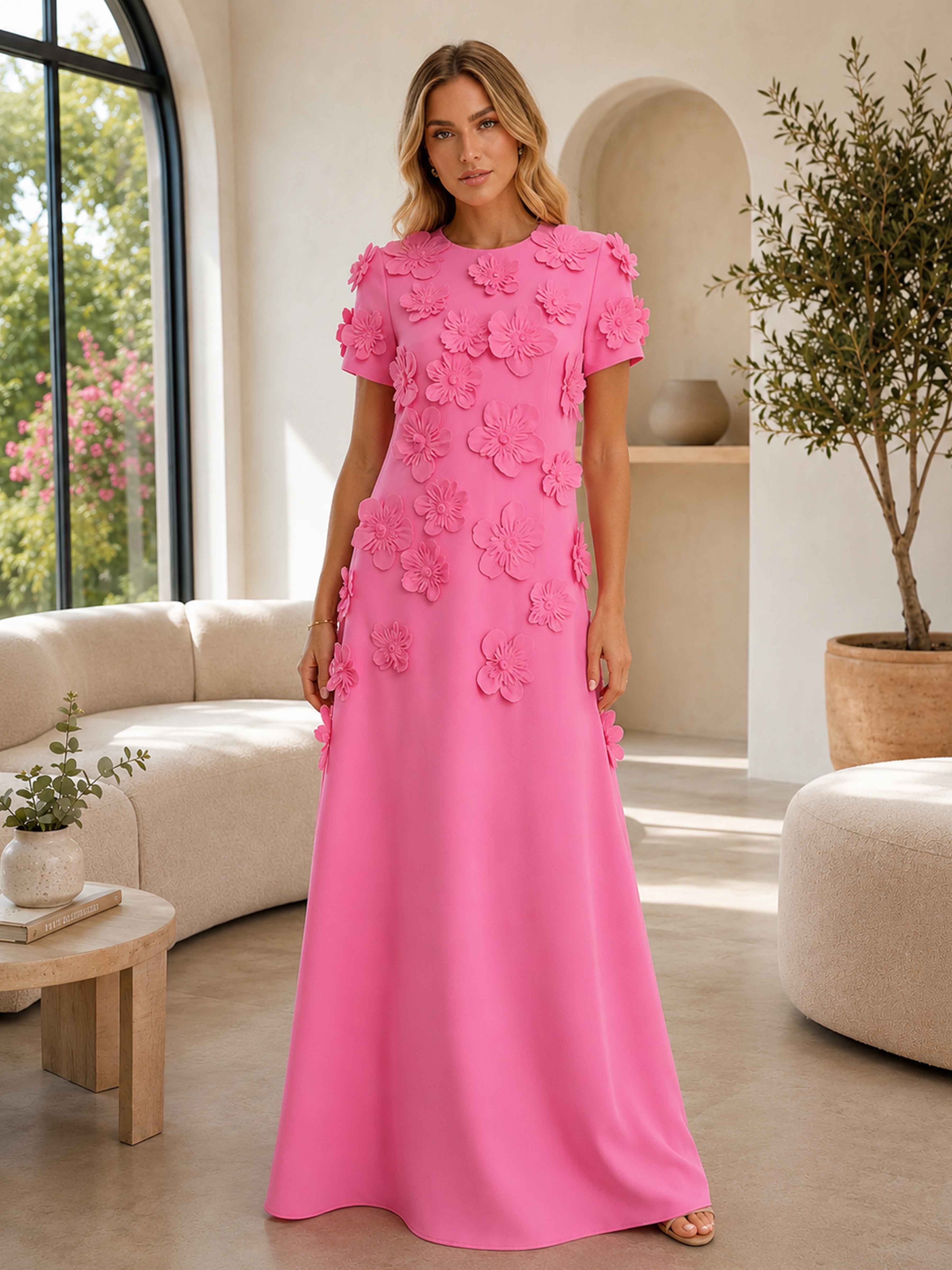 Kalista A-Line Scoop Short Sleeves 3D Floral Applique Formal Dress