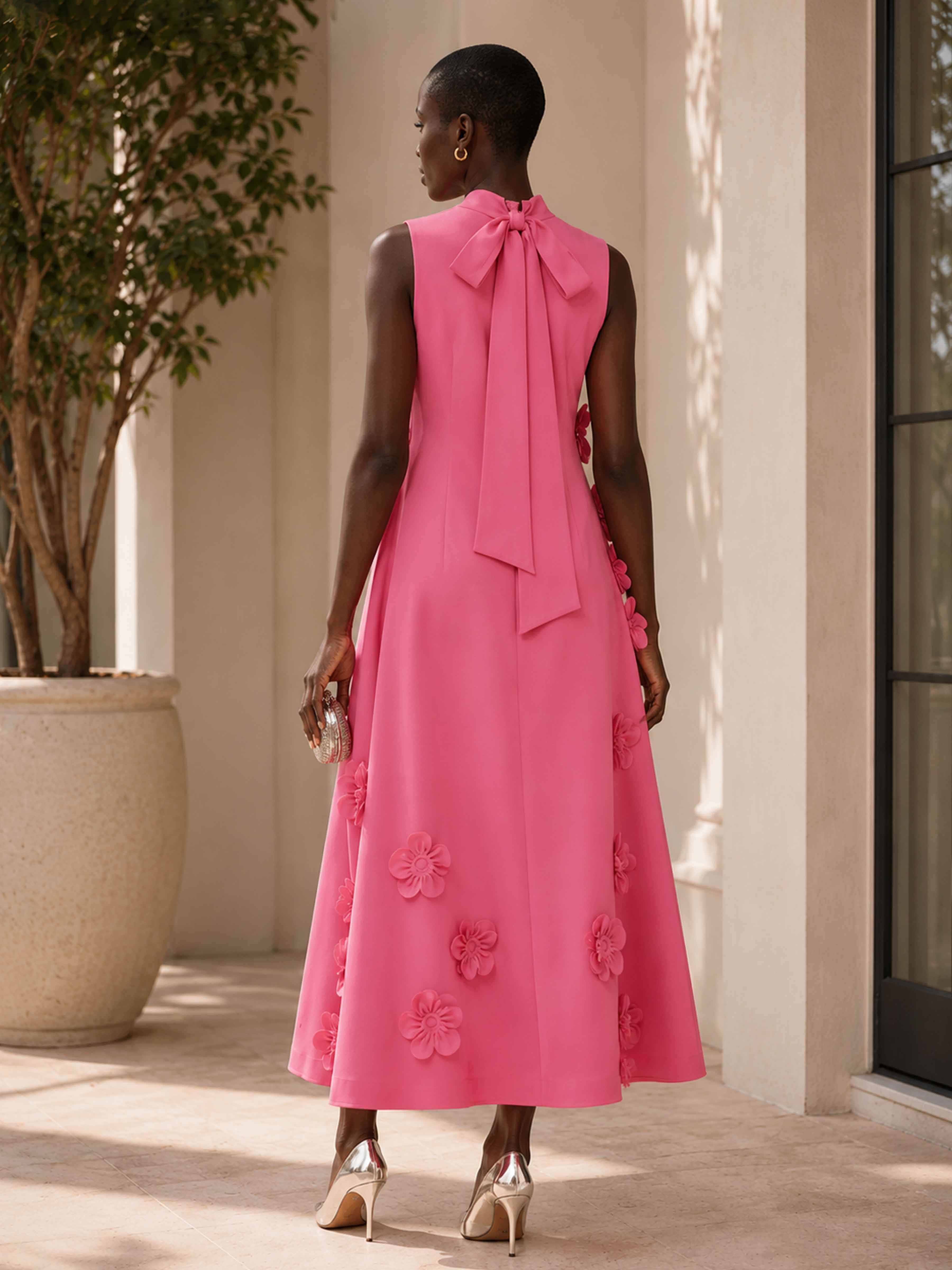 Zarela High Neck 3D Flowers Tea Length Cocktail Dress