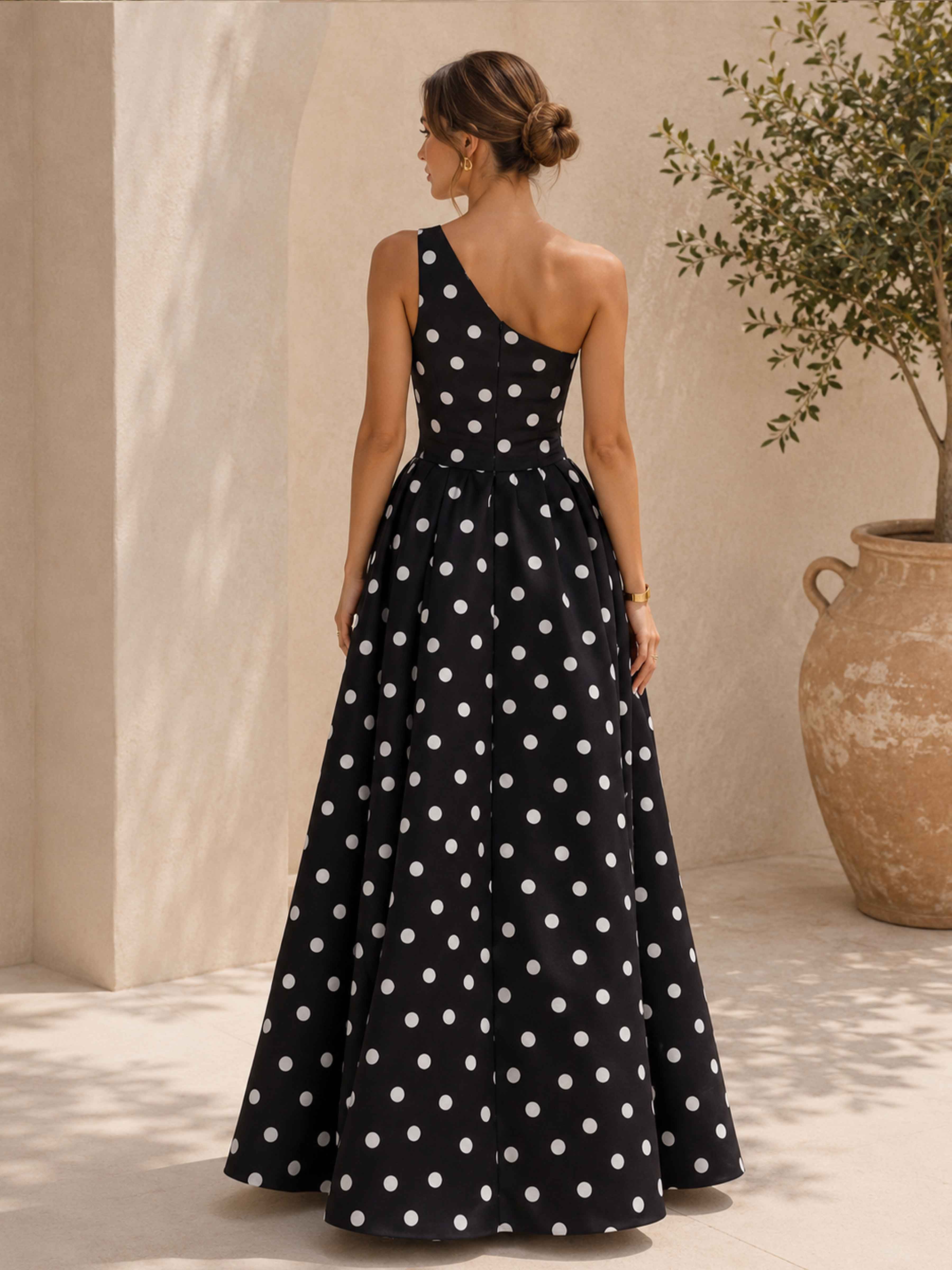 Calindra Elegant One Shoulder A-Line Pleated Long Polka Dot Satin Prom Dresses