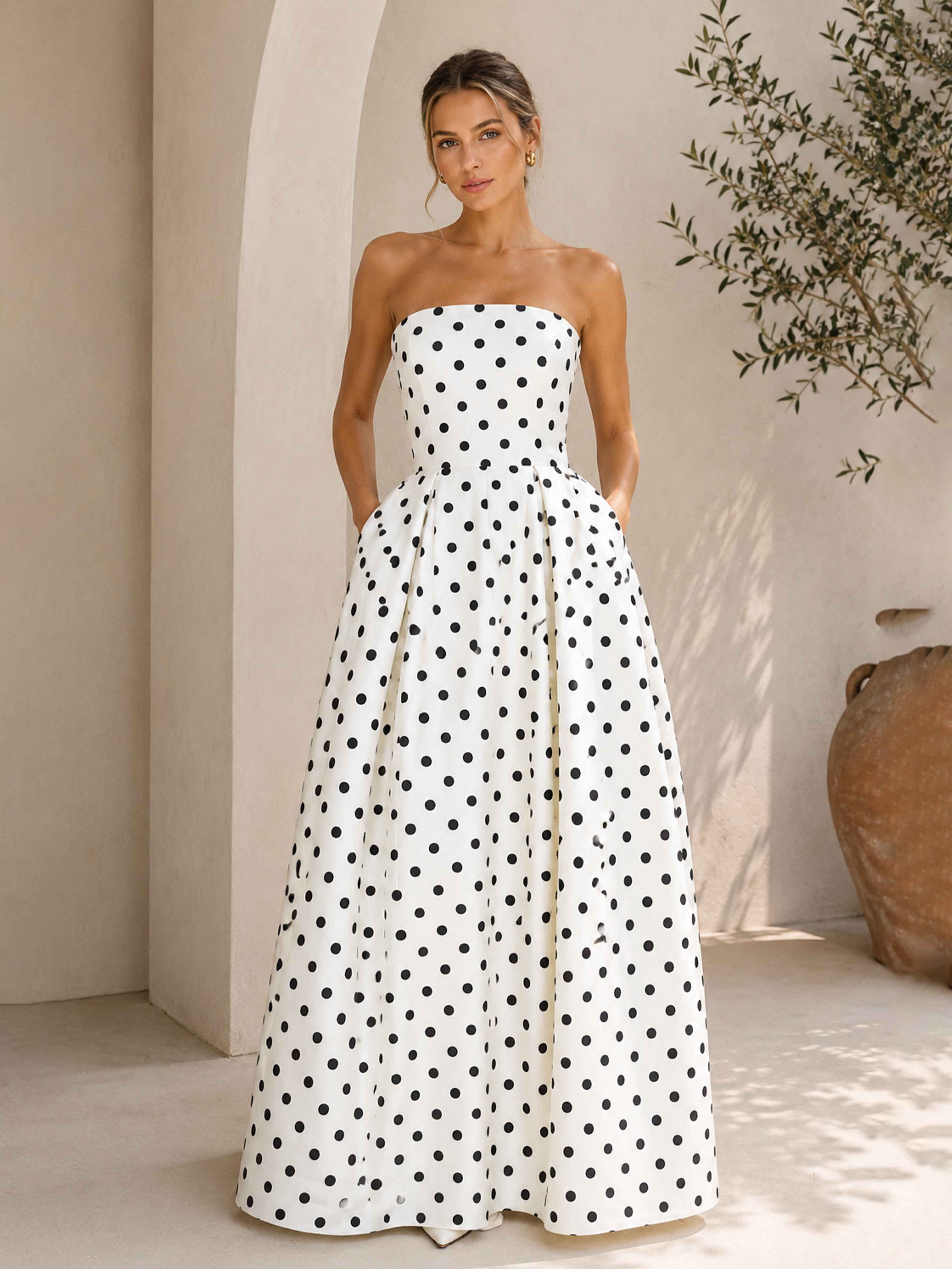 Orielle Chic Strapless A-Line Pleated Long Polka Dot Satin Prom Dresses With Pockets