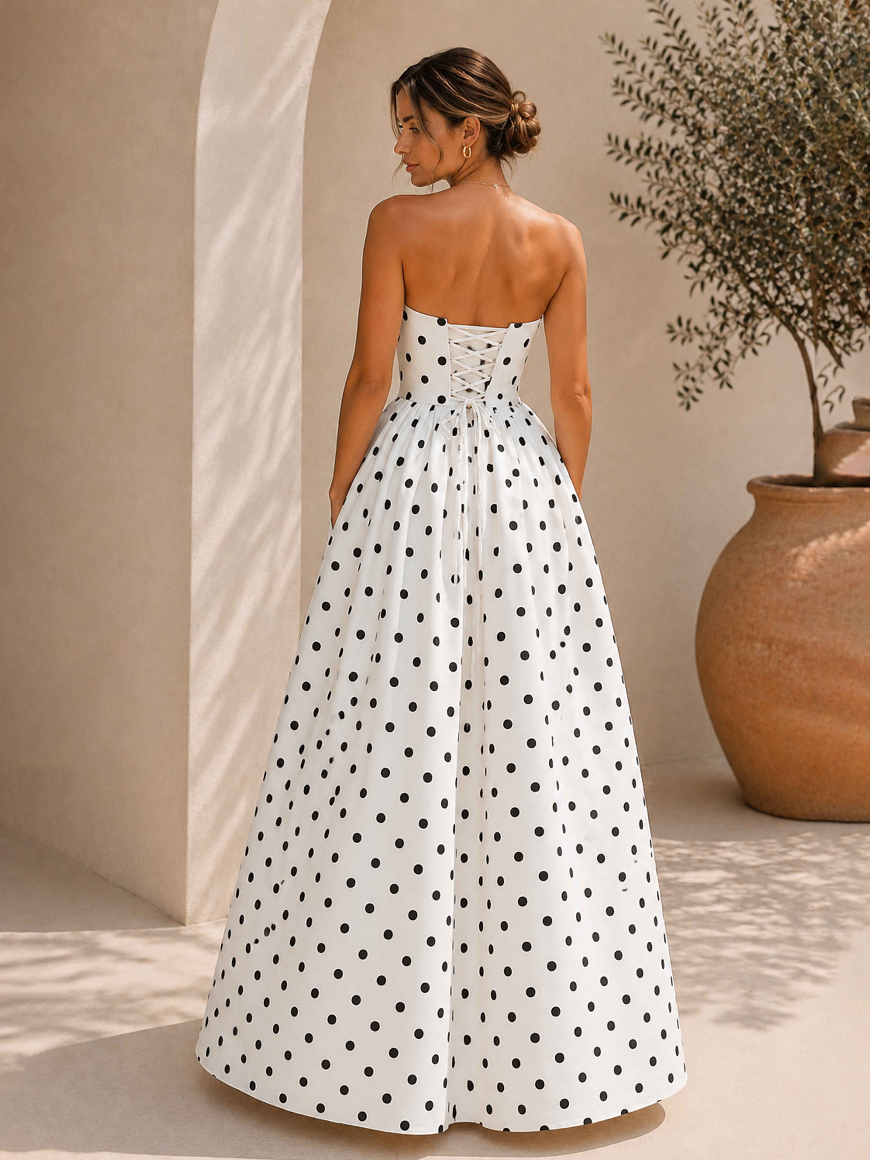 Orielle Chic Strapless A-Line Pleated Long Polka Dot Satin Prom Dresses With Pockets