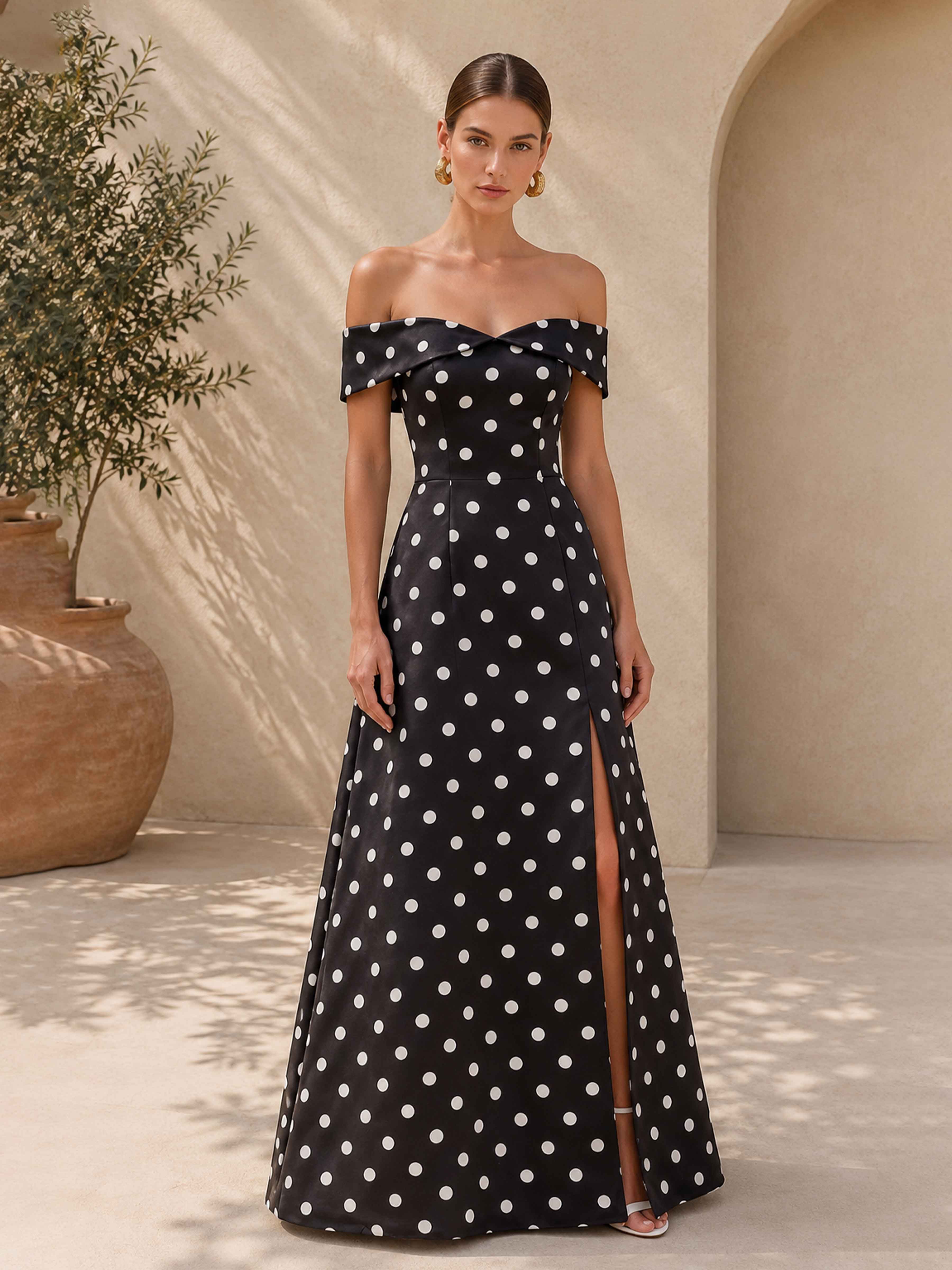 Luneth Gorgeous Off the Shoulder Slit Long Polka Dot Satin Prom Dresses