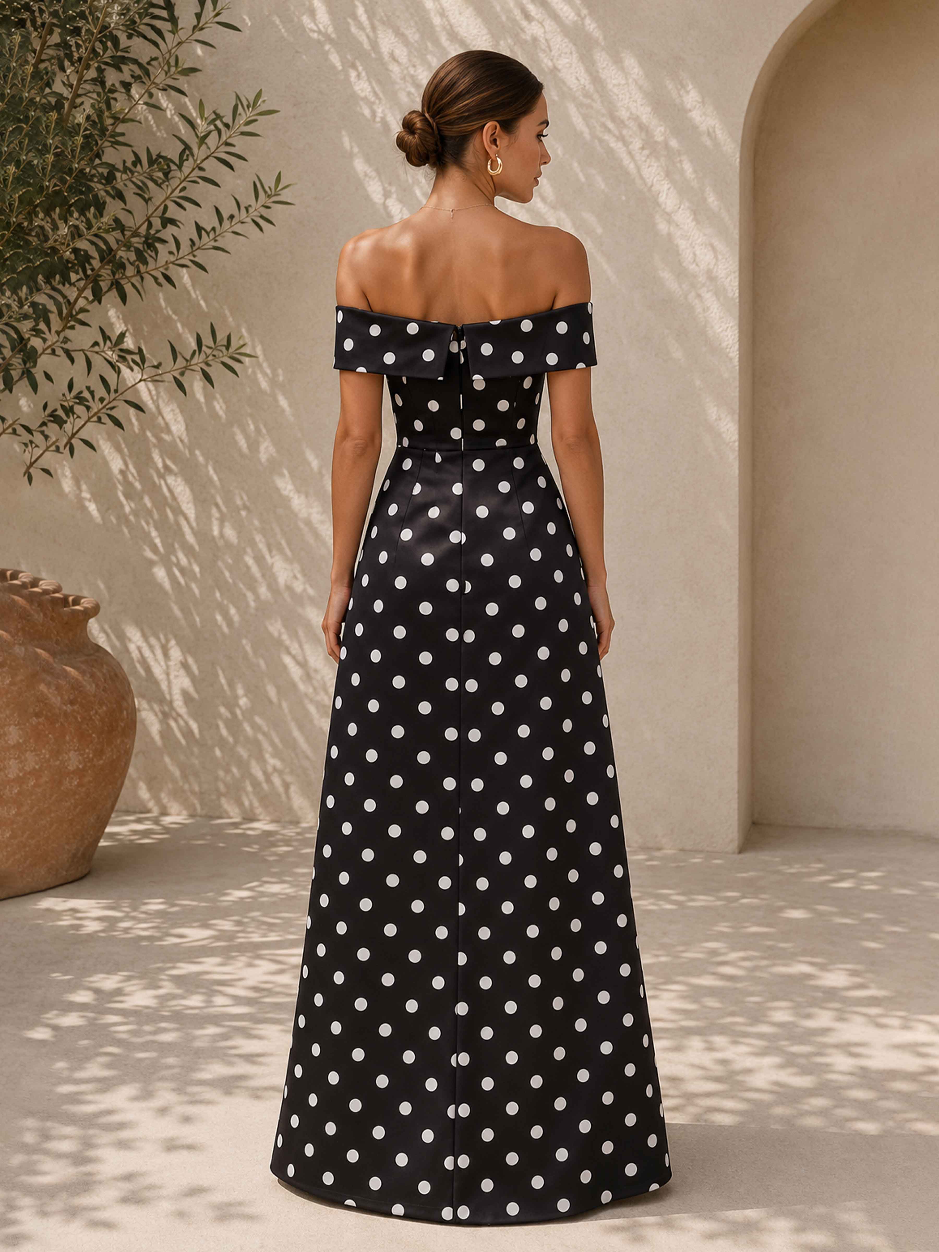 Luneth Gorgeous Off the Shoulder Slit Long Polka Dot Satin Prom Dresses