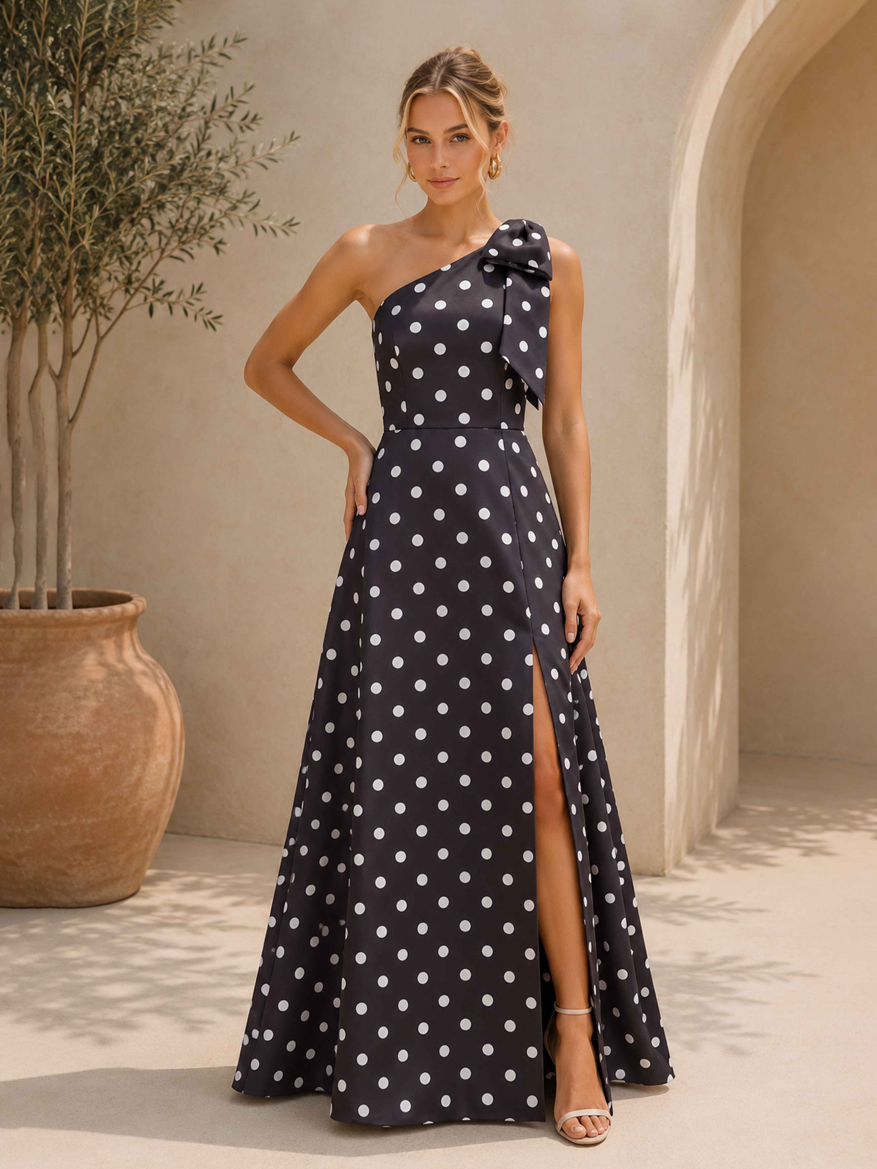 Avrielle Chic One Shoulder Bow Slit Long Polka Dot Satin Prom Dresses
