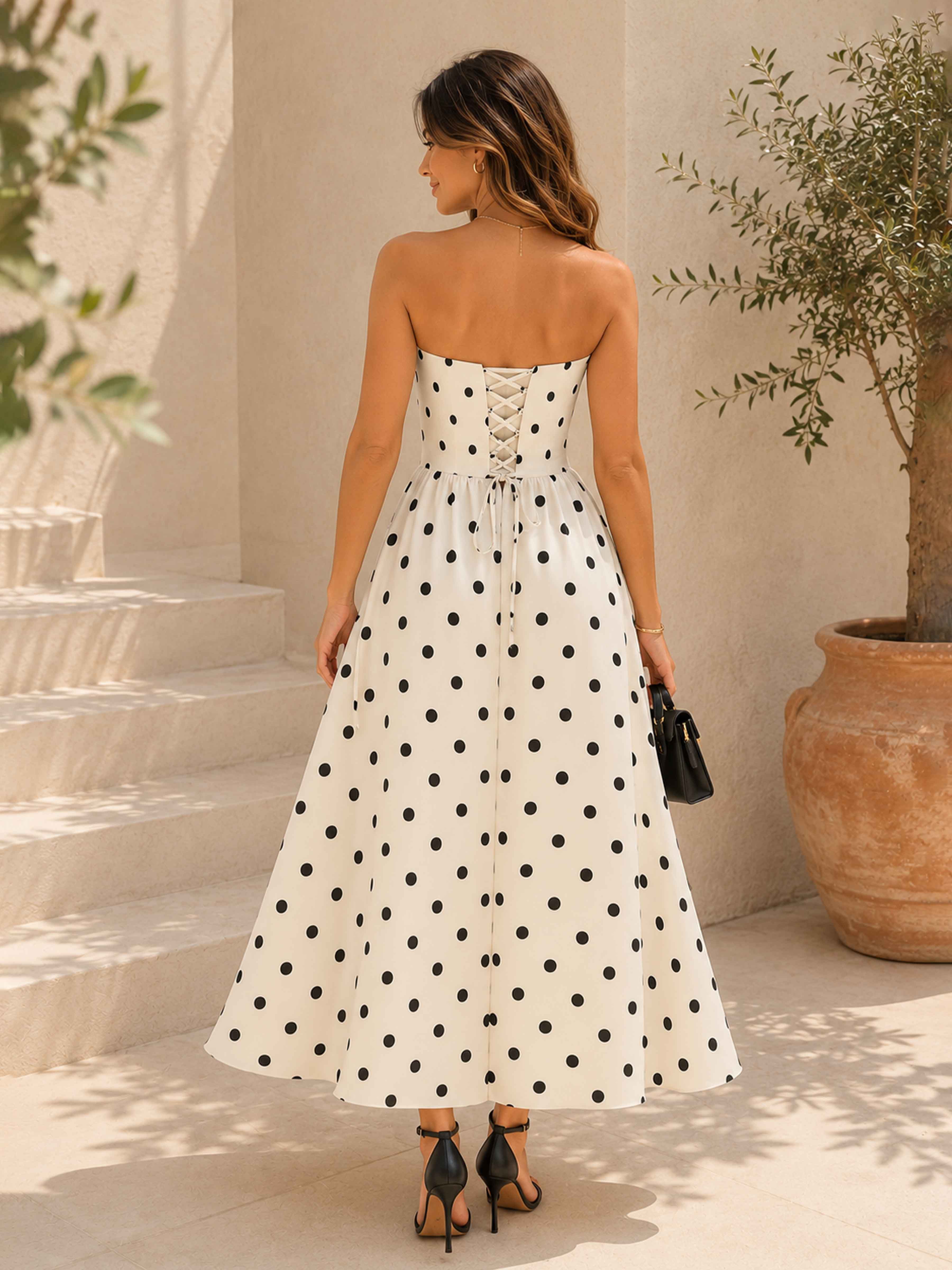 Saphira Stylish Strapless A-Line Maxi Polka Dot Satin Party Dresses