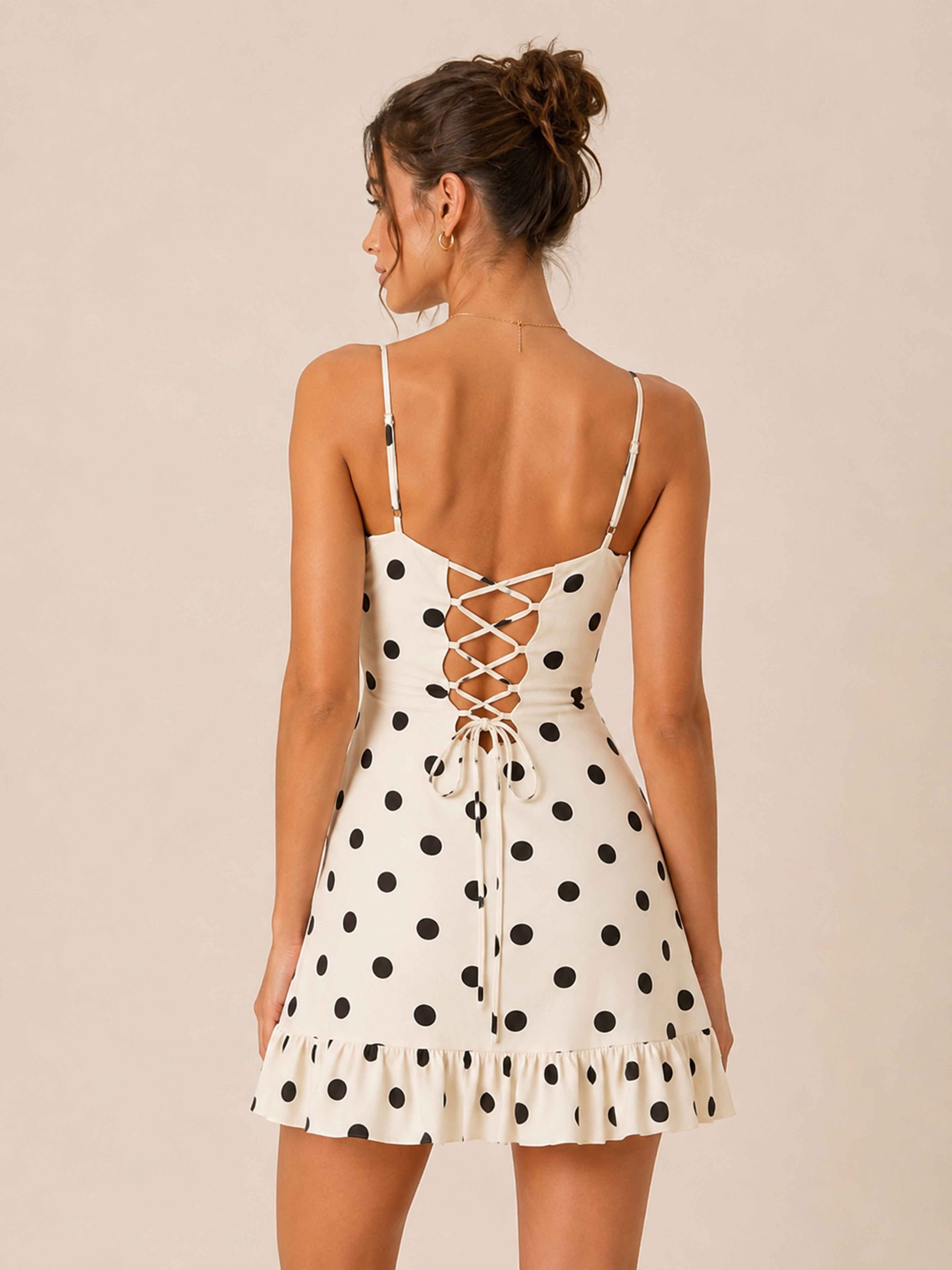 Evadelle Chic Cowl Neck Spaghetti Straps Mini Polka Dot Party Dresses