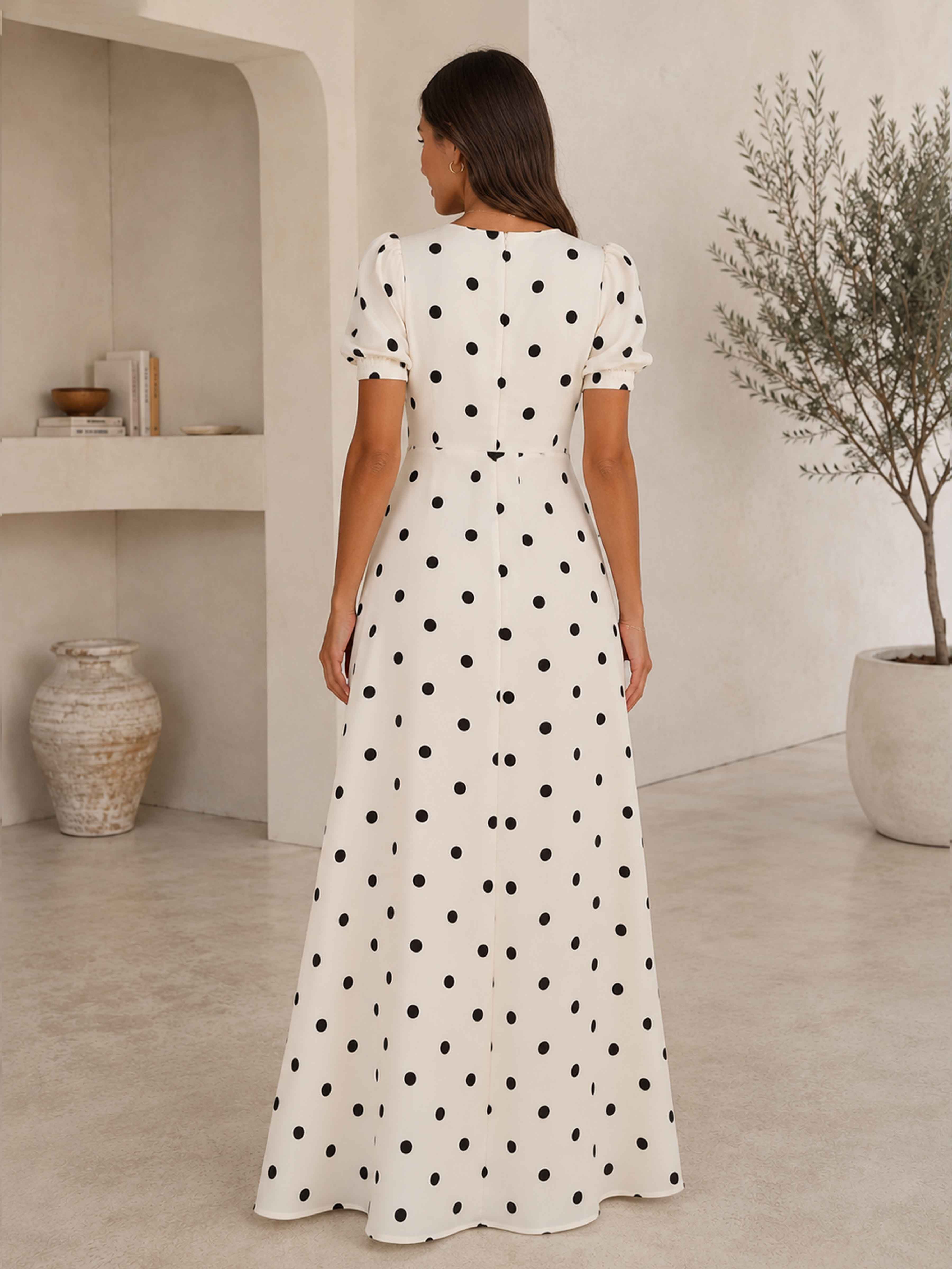 Celestra Elegant V Neck Puff Sleeves Ruched Long Polka Dot Chiffon Formal Dresses