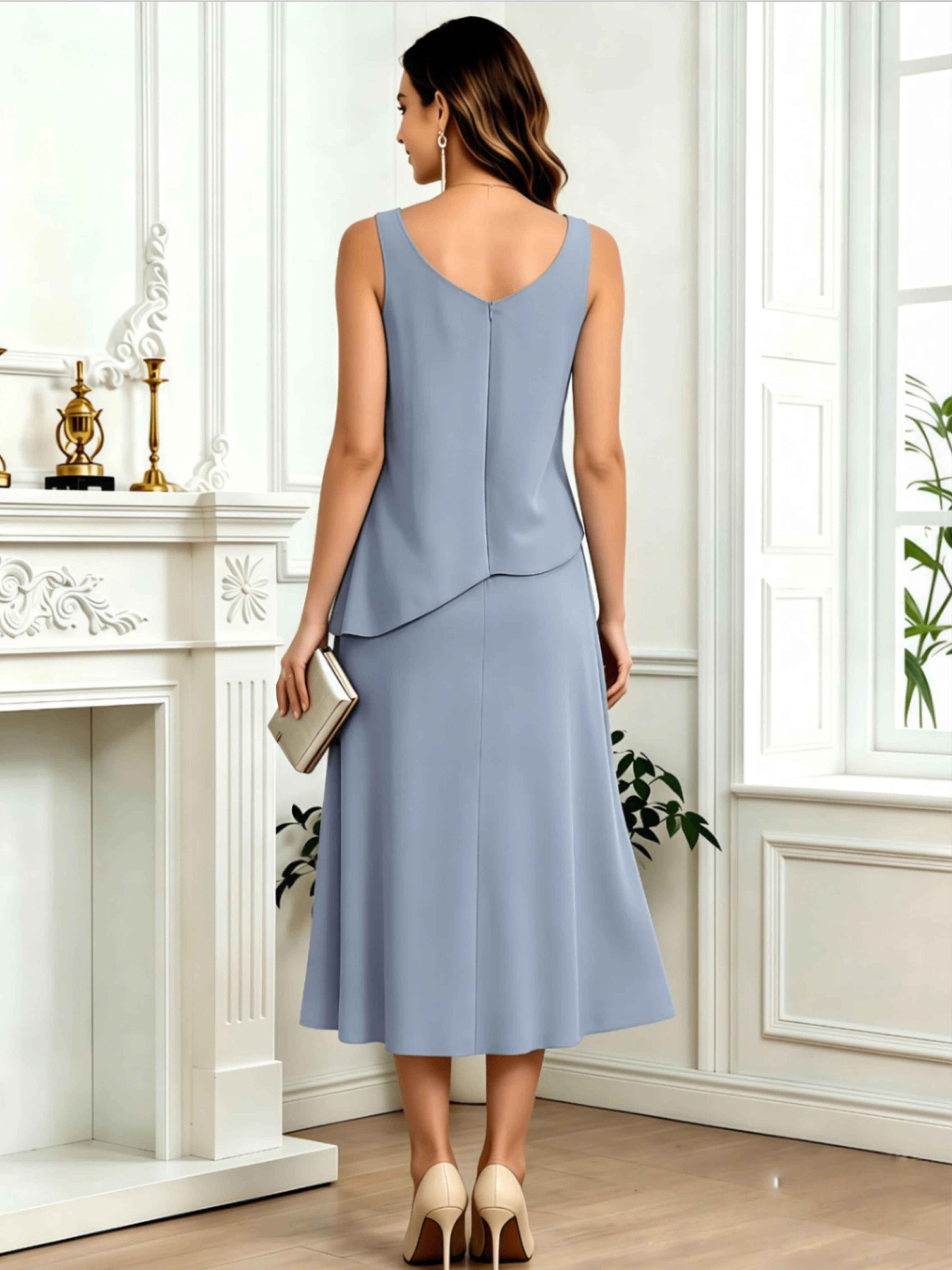 Vesperine Modest Scoop Cape Sleeves Layered Midi Chiffon Mother of the Bride Dresses
