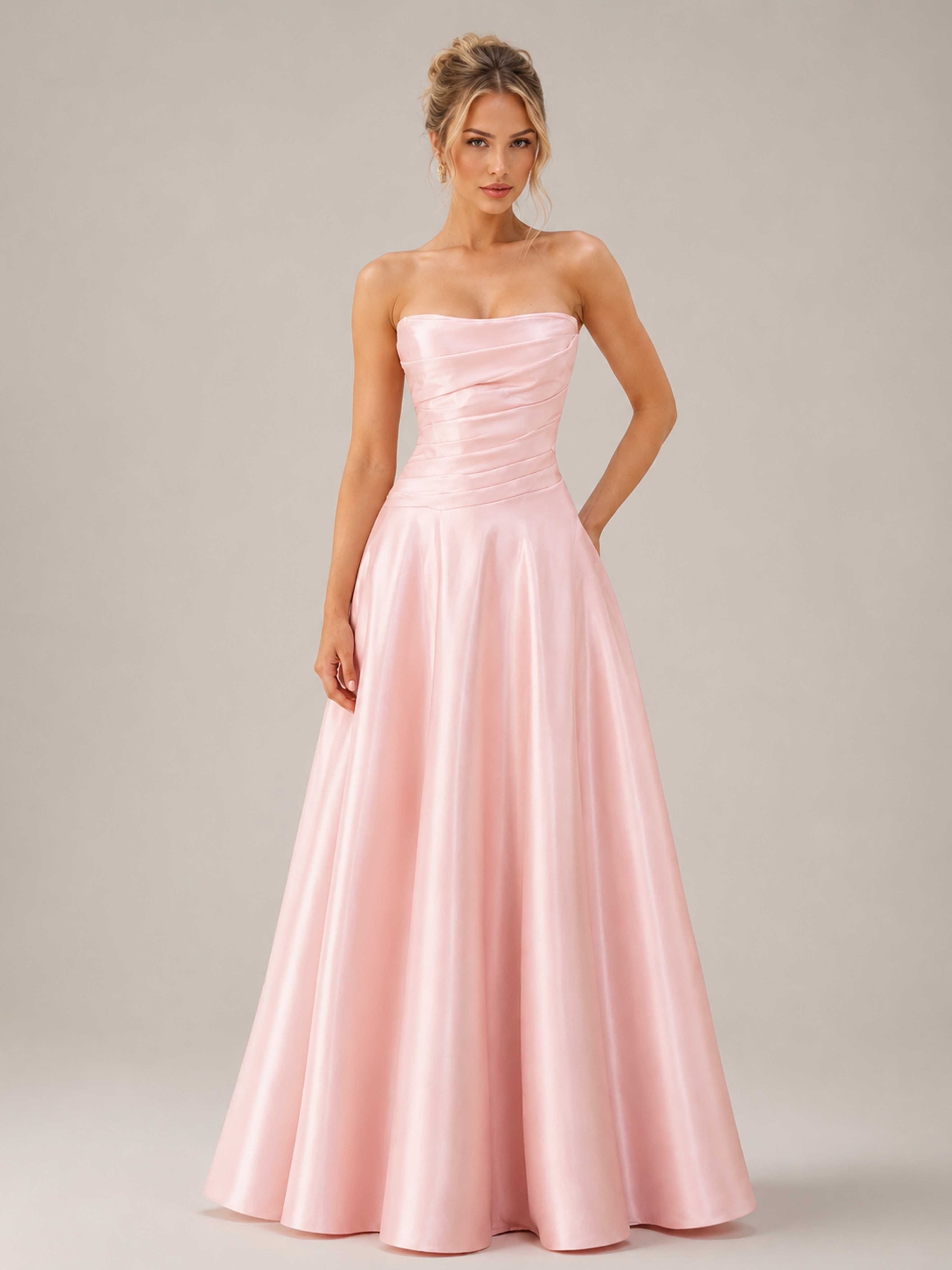 Soleira Strapless Ruched Satin A-Line Evening Gown with Pockets