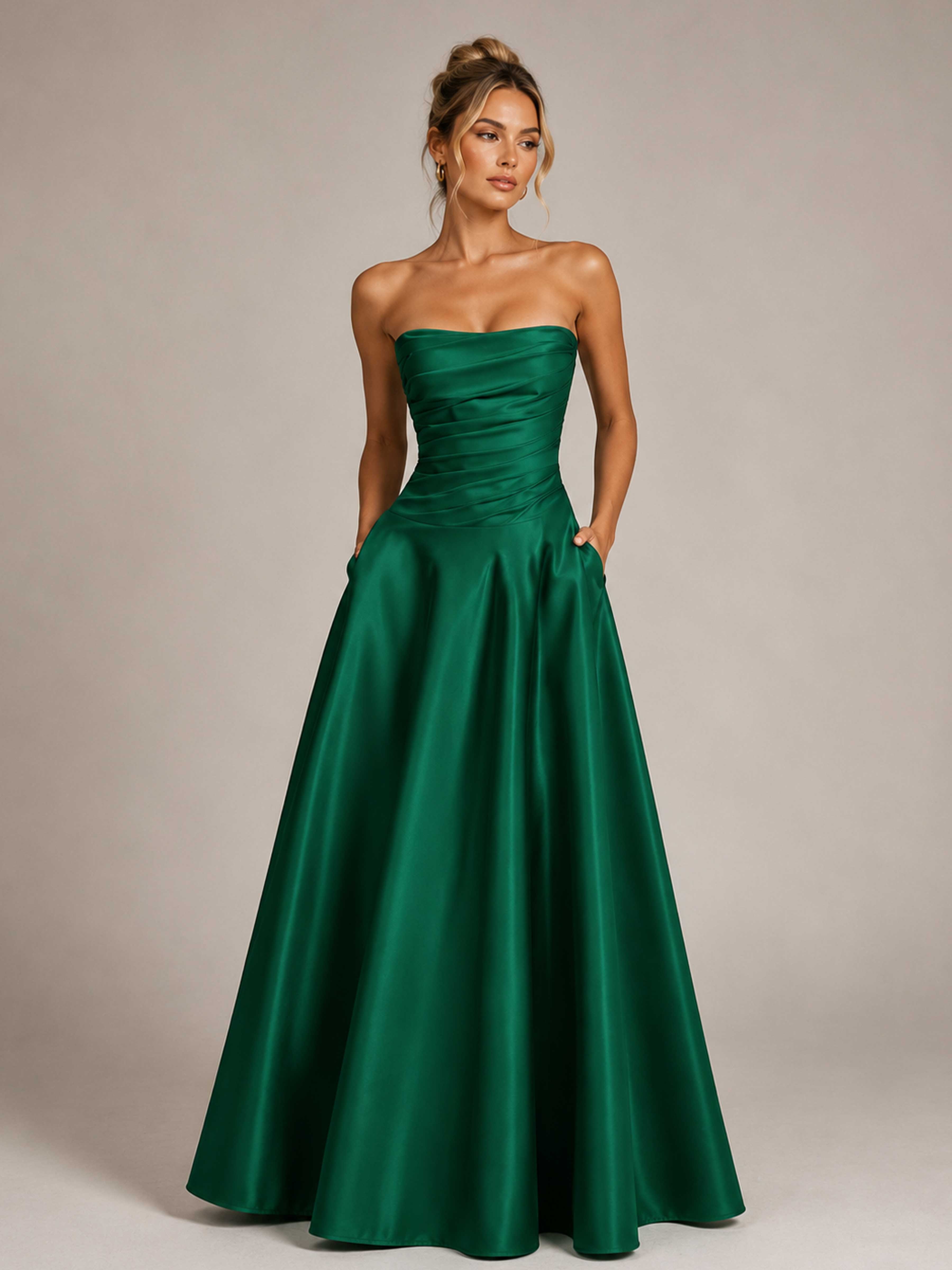 Soleira Strapless Ruched Satin A-Line Evening Gown with Pockets