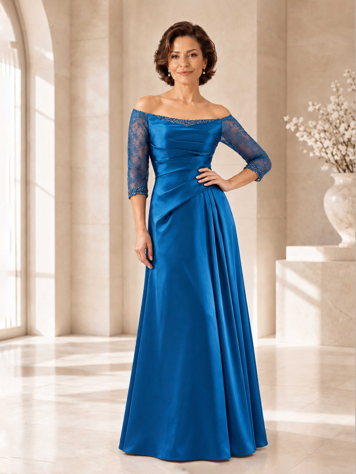 Elisienne Elegant Satin Lace Off Shoulder Mother of the Bride Dress for Wedding & Formal