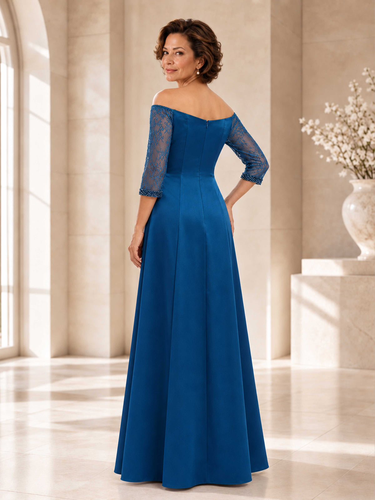 Elisienne Elegant Satin Lace Off Shoulder Mother of the Bride Dress for Wedding & Formal