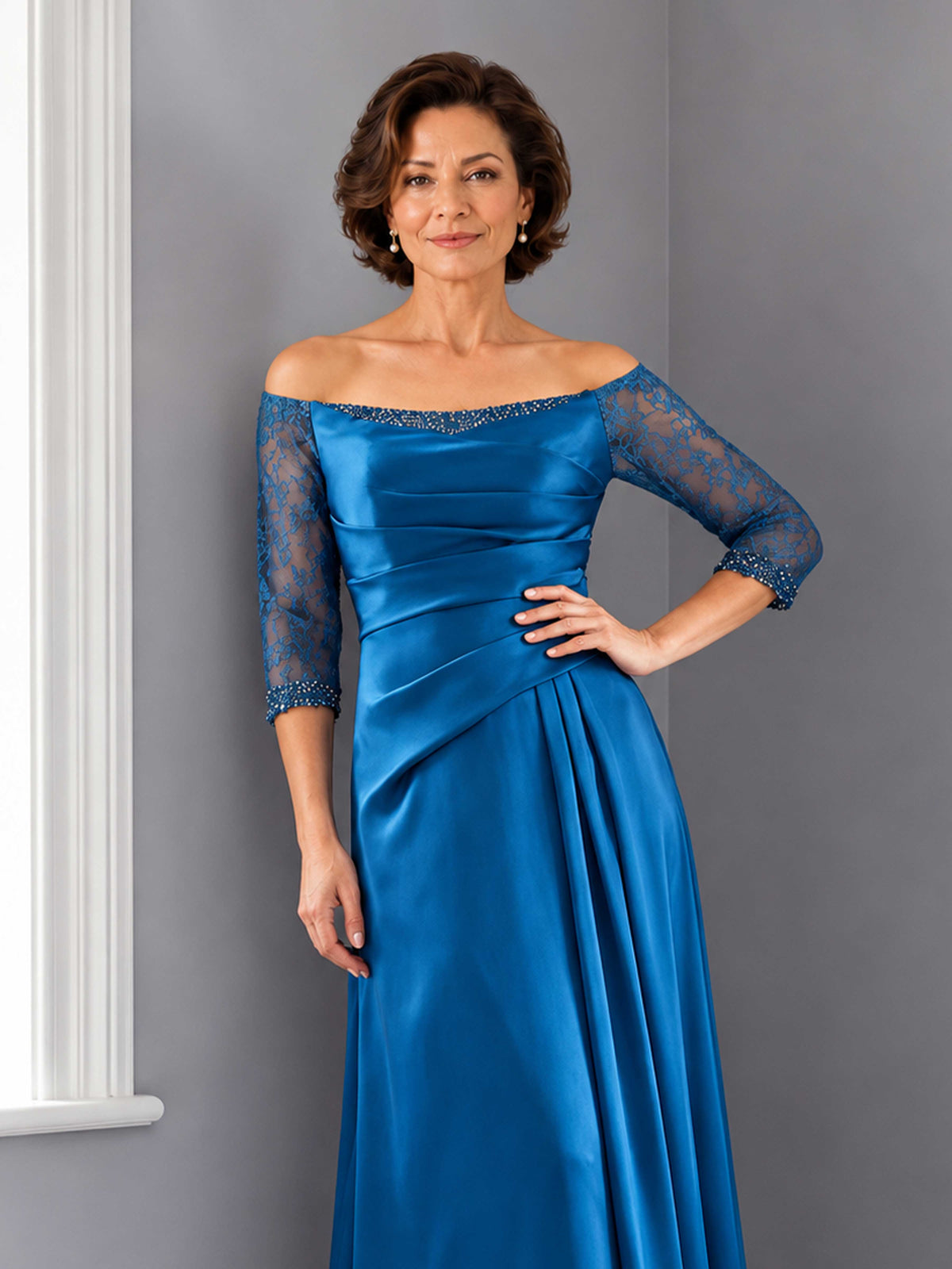 Elisienne Elegant Satin Lace Off Shoulder Mother of the Bride Dress for Wedding & Formal