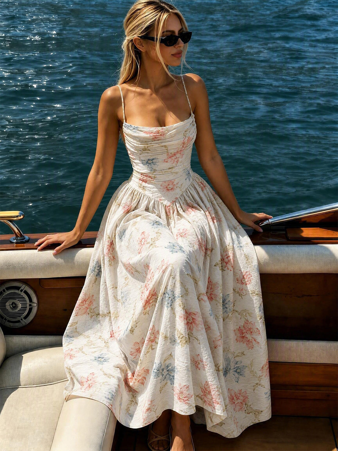 Solevienne Elegant Floral Print Lace-Up Open Back Bridesmaid Dress