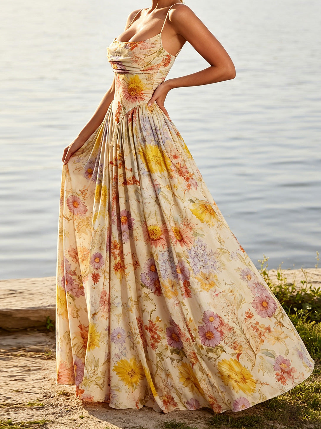 Solevienne Elegant Floral Print Lace-Up Open Back Bridesmaid Dress