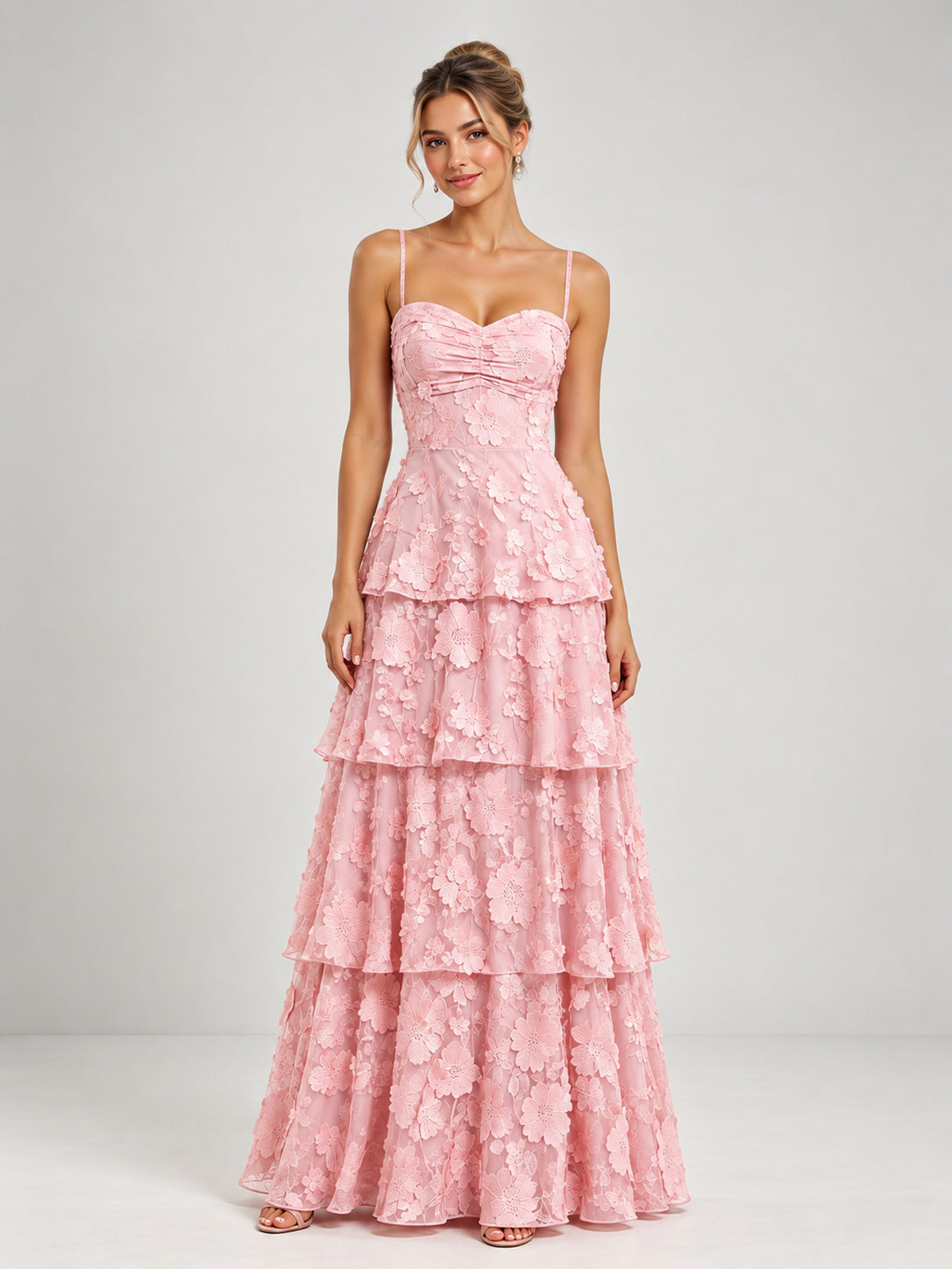 Celesielle Romantic Spaghetti Straps Sweetheart Tiered Bridesmaid Dress with Lace‑Up Back