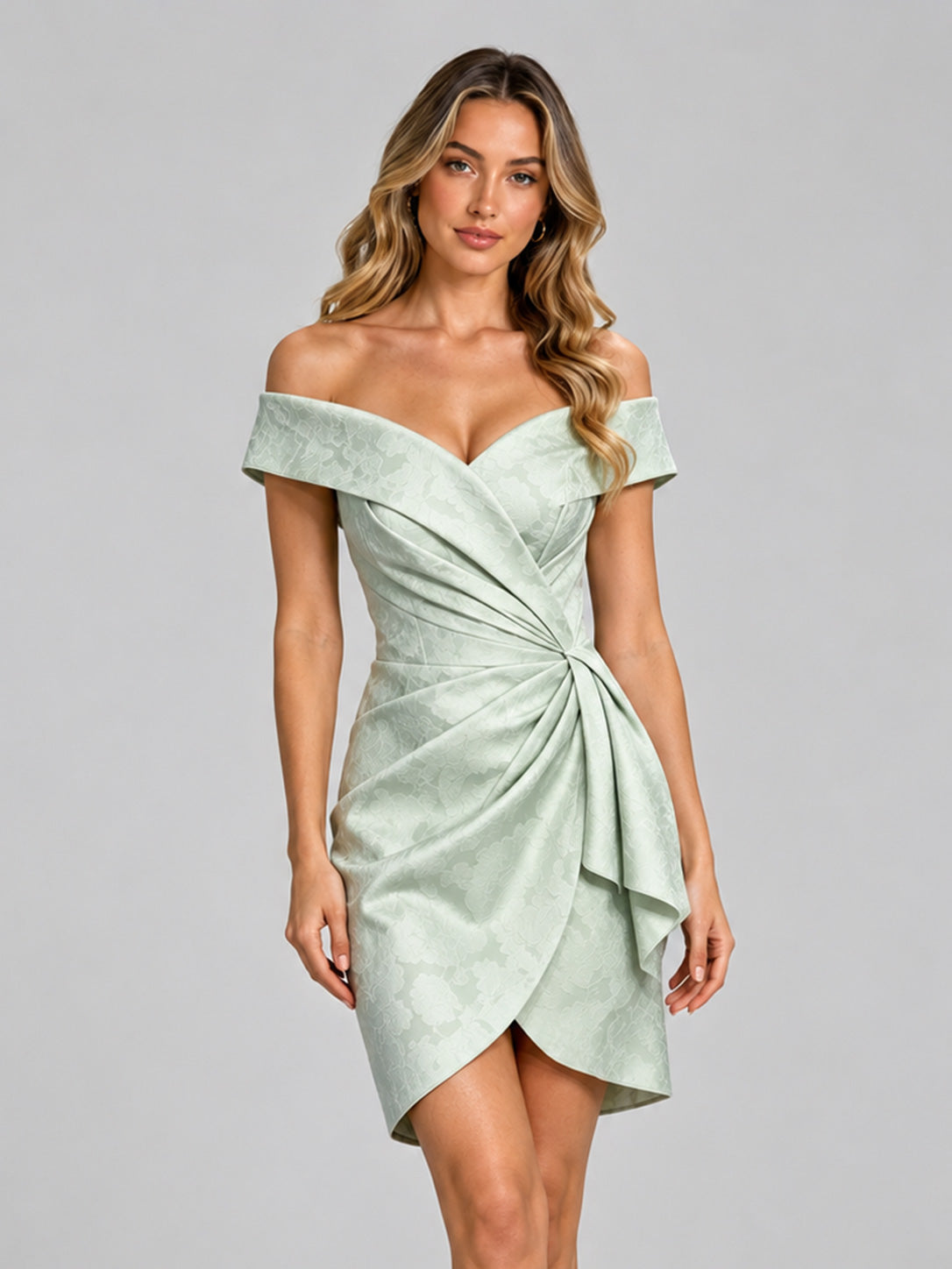 Zephara Off‑the‑Shoulder Printed Floral Twist Knot Wrap Short Homecoming Dress