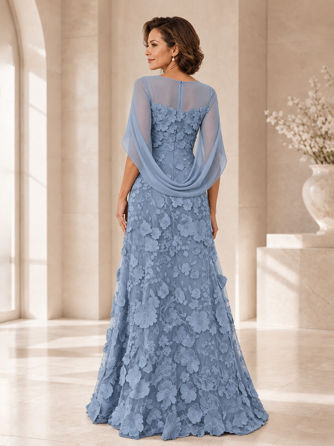 Vireliae Elegant 3D Floral Appliqué Chiffon Cape Sleeve Mother of the Bride Dress