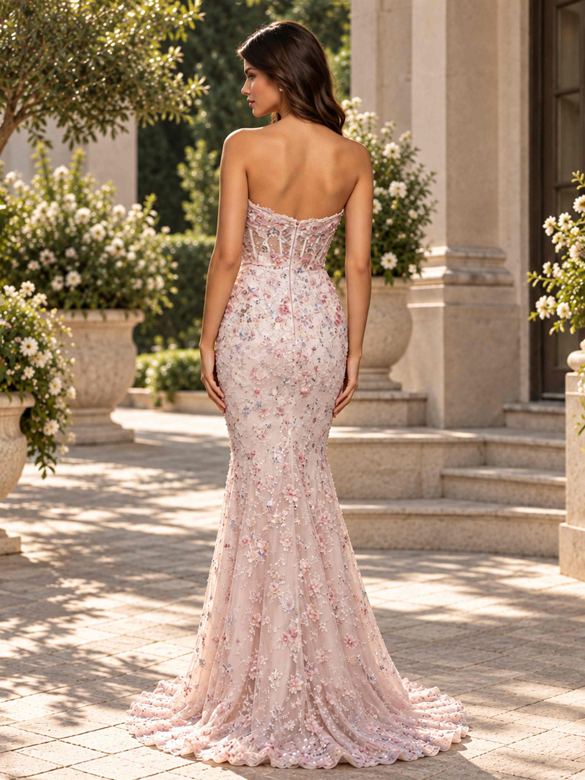 Roselune Radiant Strapless Mermaid Formal Dress 3D Flower & Beaded Details High Slit Long Dress for Evening Party