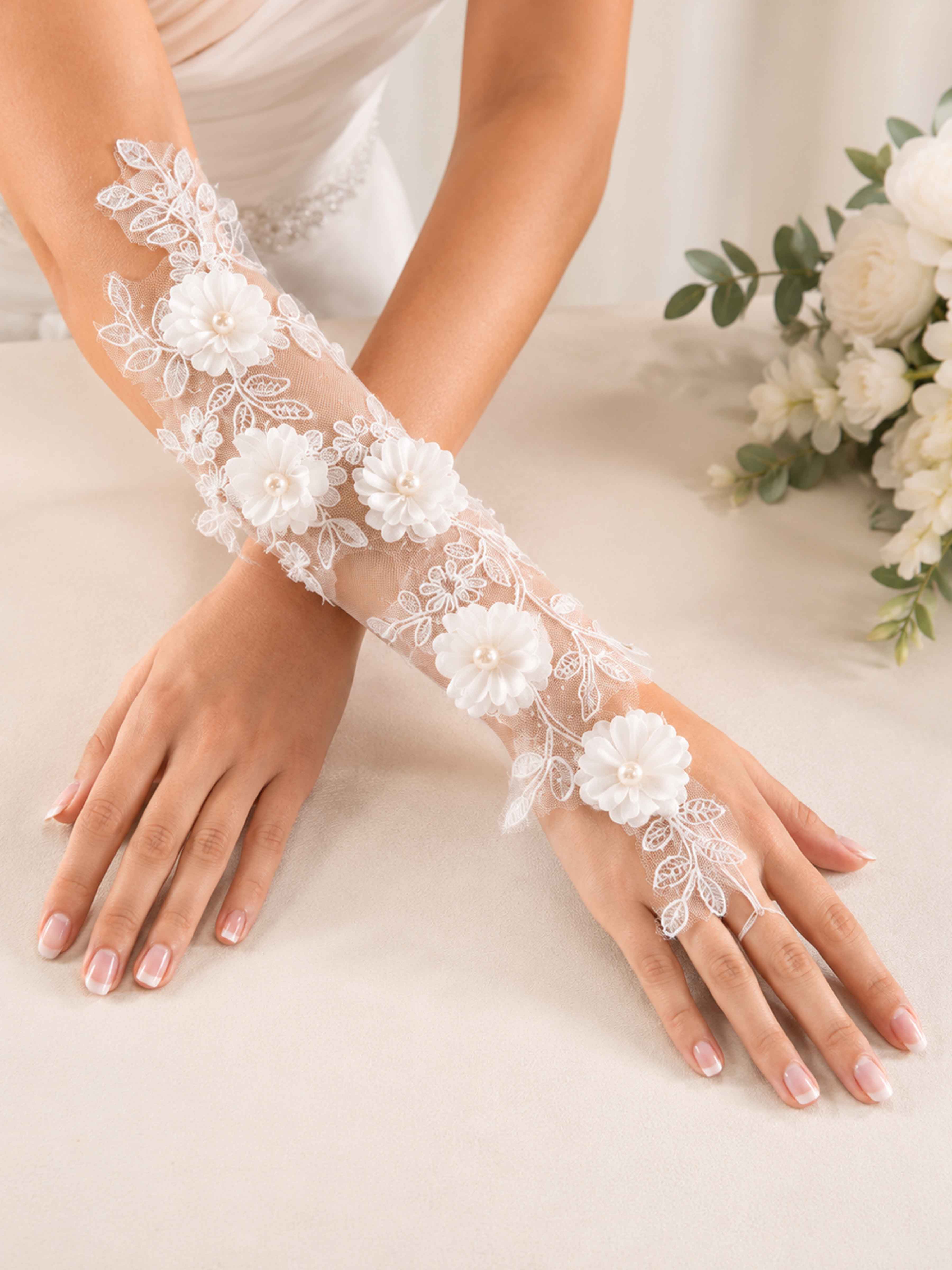3D Floral Lace Bridal Gloves with Pearl Detail