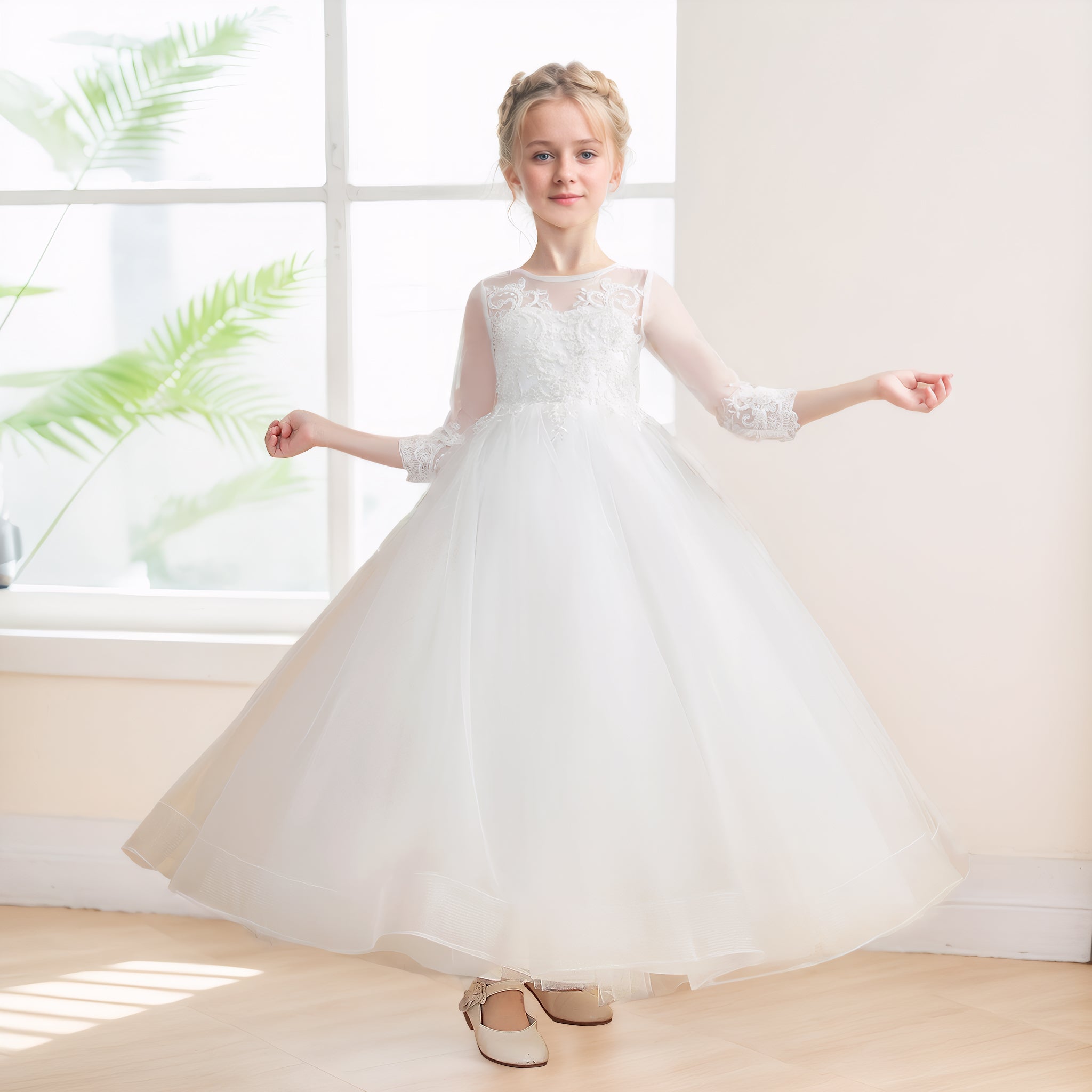 A-Line 3/4 Sleeves Zipper Back Tulle Applique Long Flower Girl Dresses