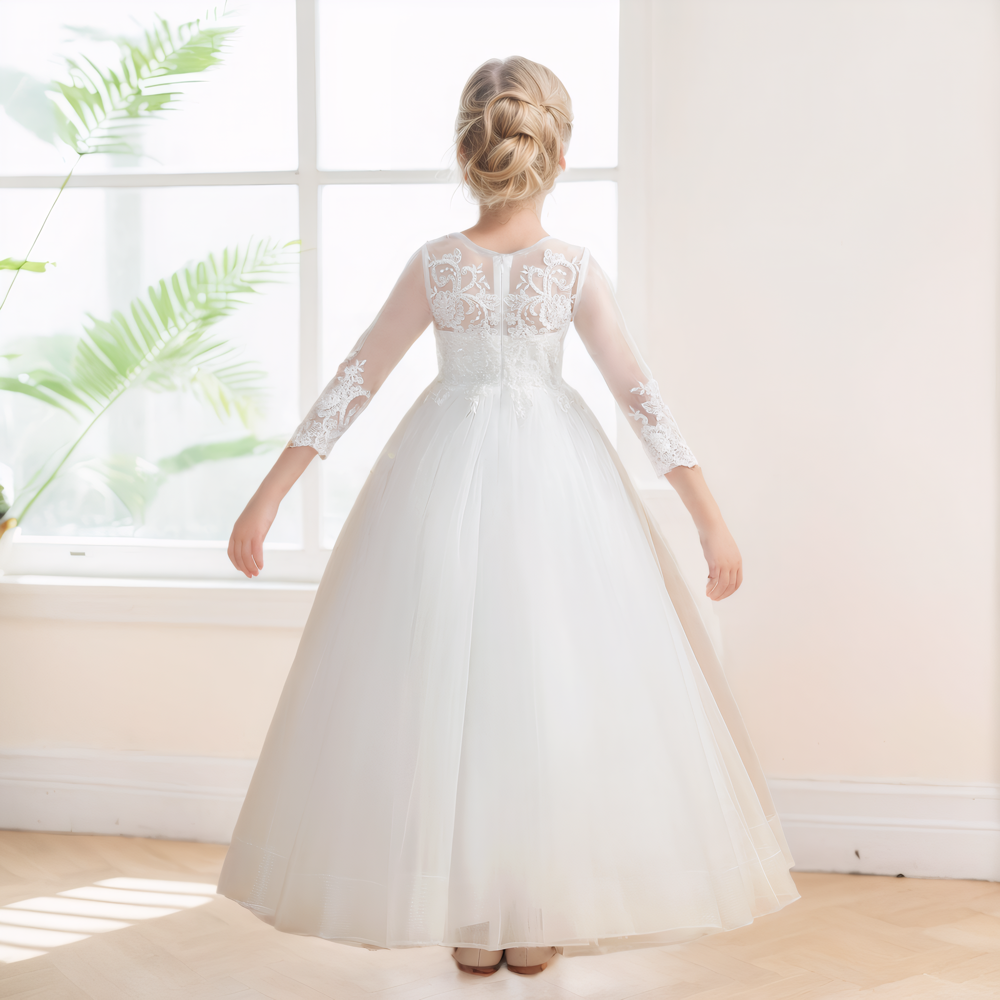 A-Line 3/4 Sleeves Zipper Back Tulle Applique Long Flower Girl Dresses