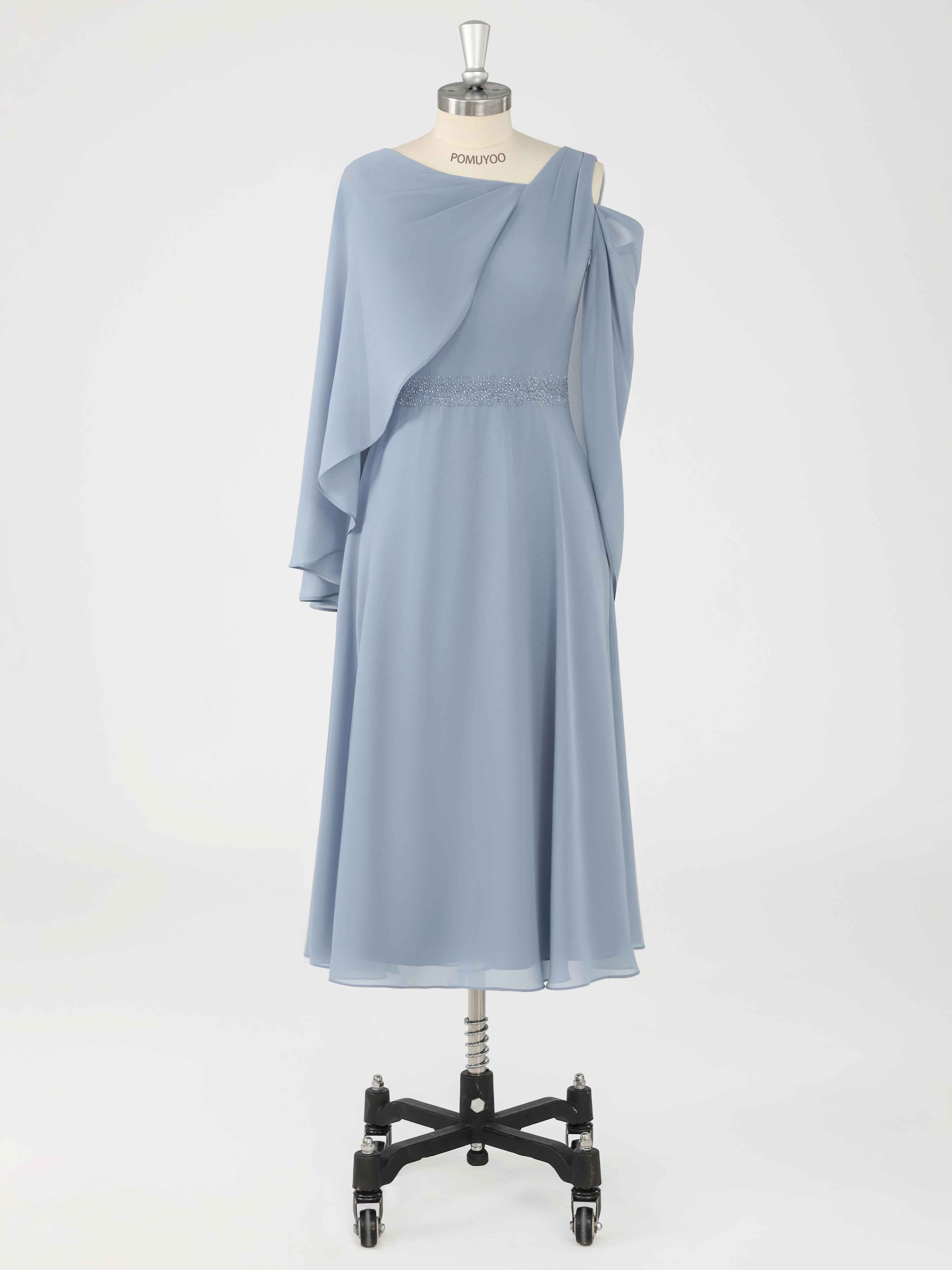 A-Line One Shoulder Beading Tea Length Chiffon Mother of the Bride Dresses With Cape