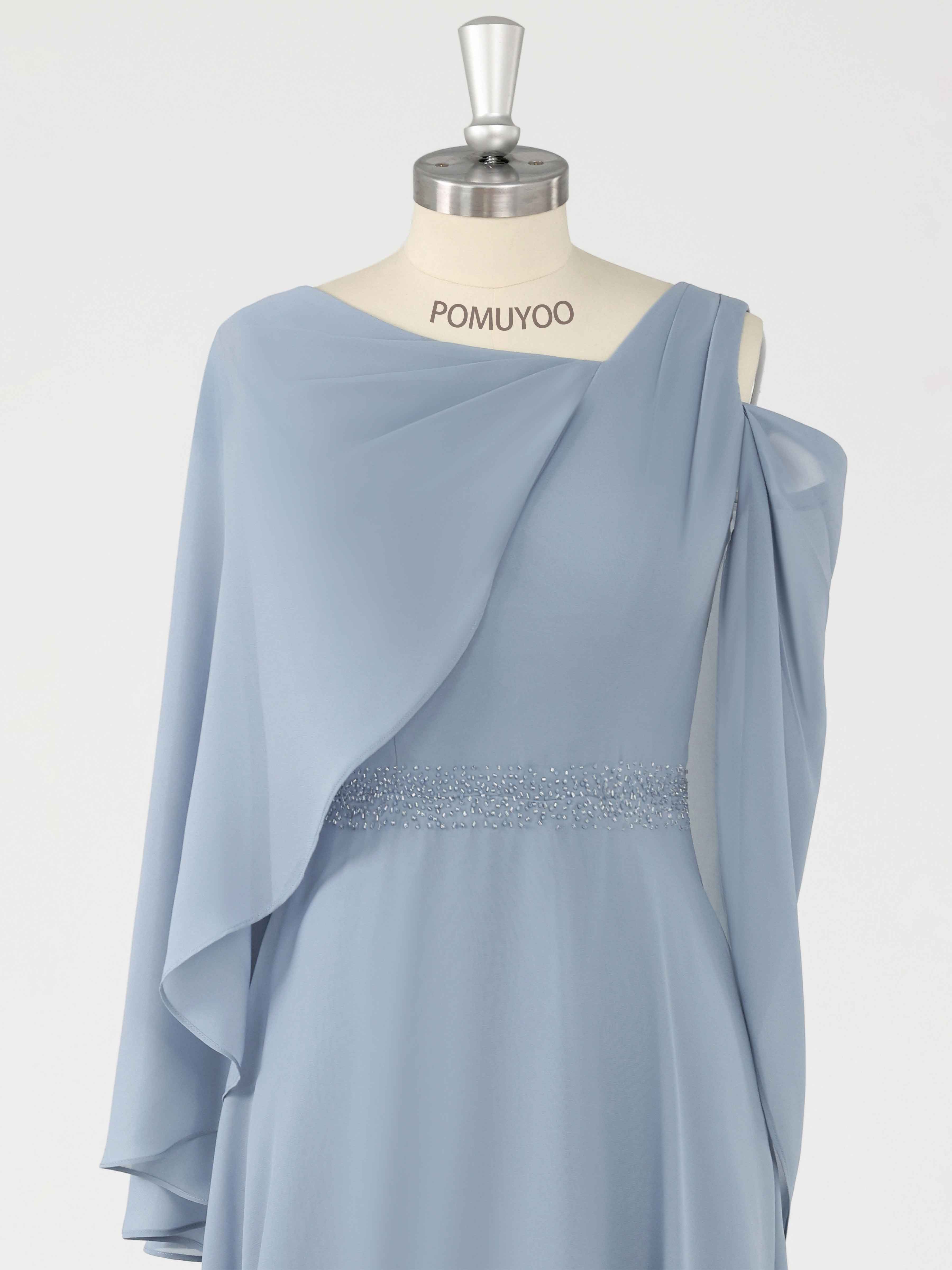 A-Line One Shoulder Beading Tea Length Chiffon Mother of the Bride Dresses With Cape