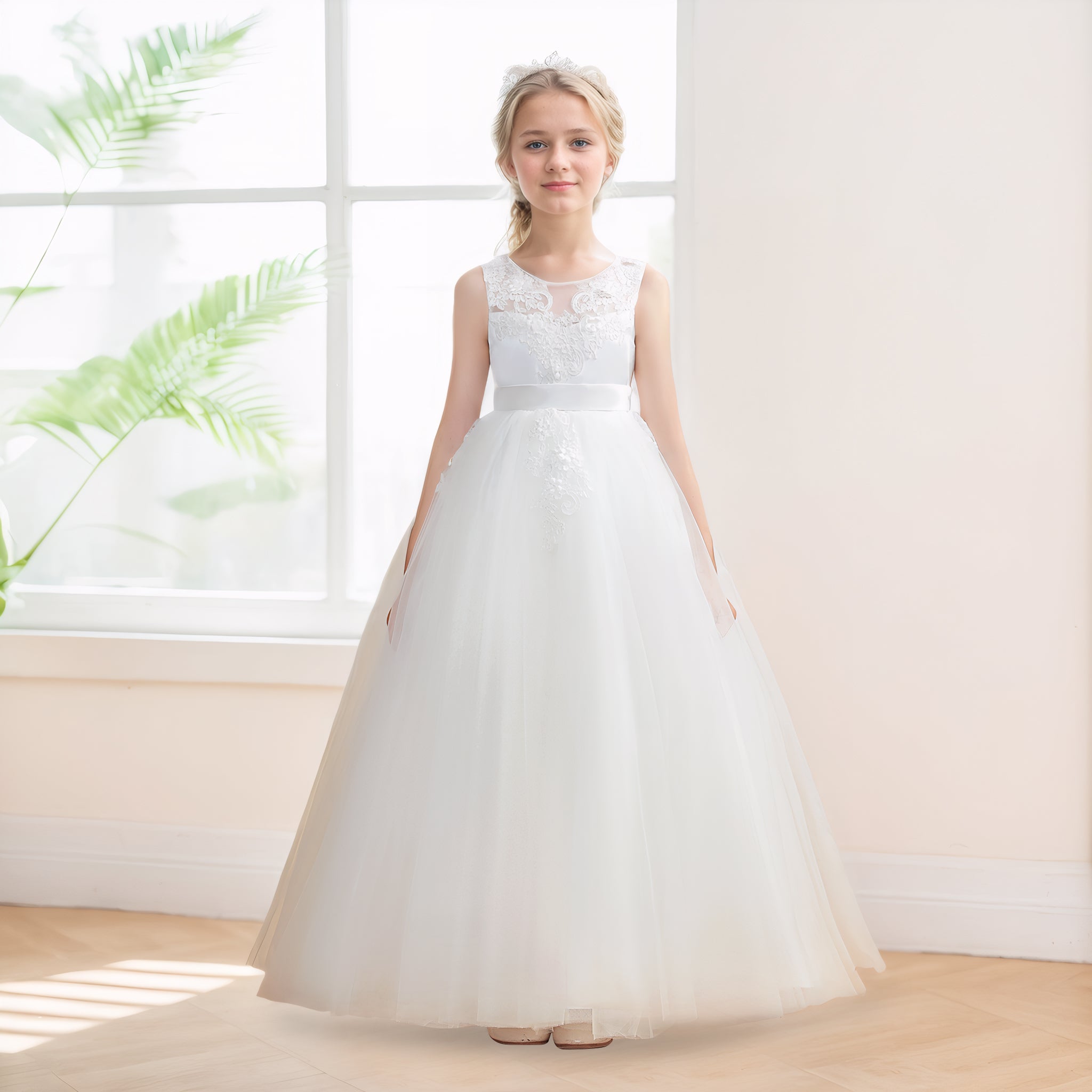 A-Line Scoop Sleeveless Bow Back Tulle Applique Long Flower Girl Dresses