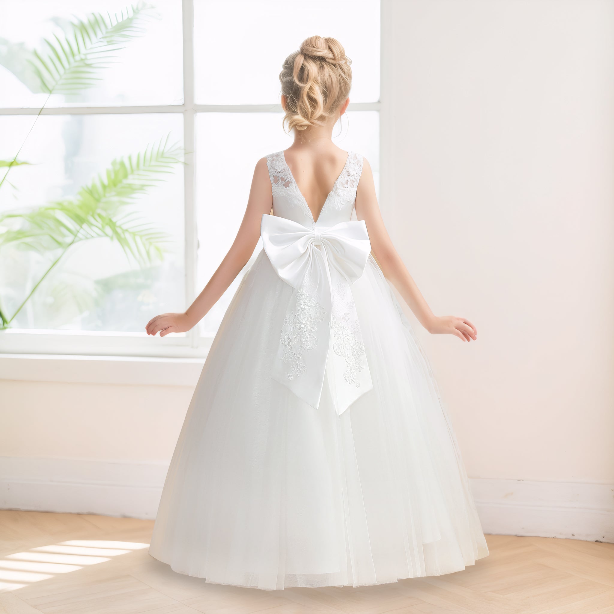 A-Line Scoop Sleeveless Bow Back Tulle Applique Long Flower Girl Dresses