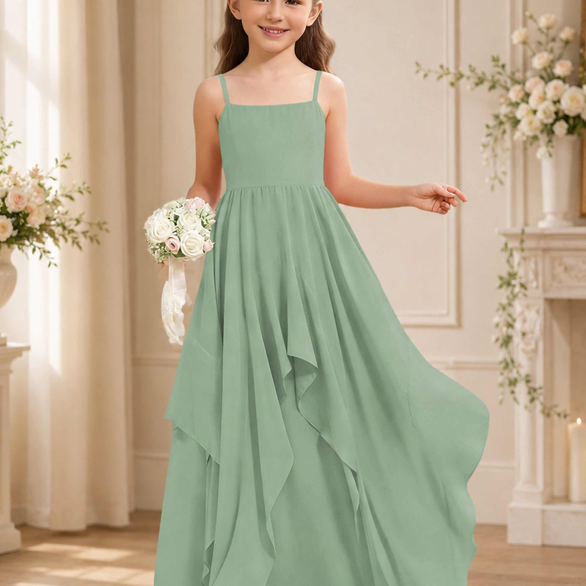 layered bridesmaid dress A-Line Spaghetti Straps Chiffon Junior Dresses summer-clearance-2 Light Grey Shirt Dress Fabric:Tulle / Lace