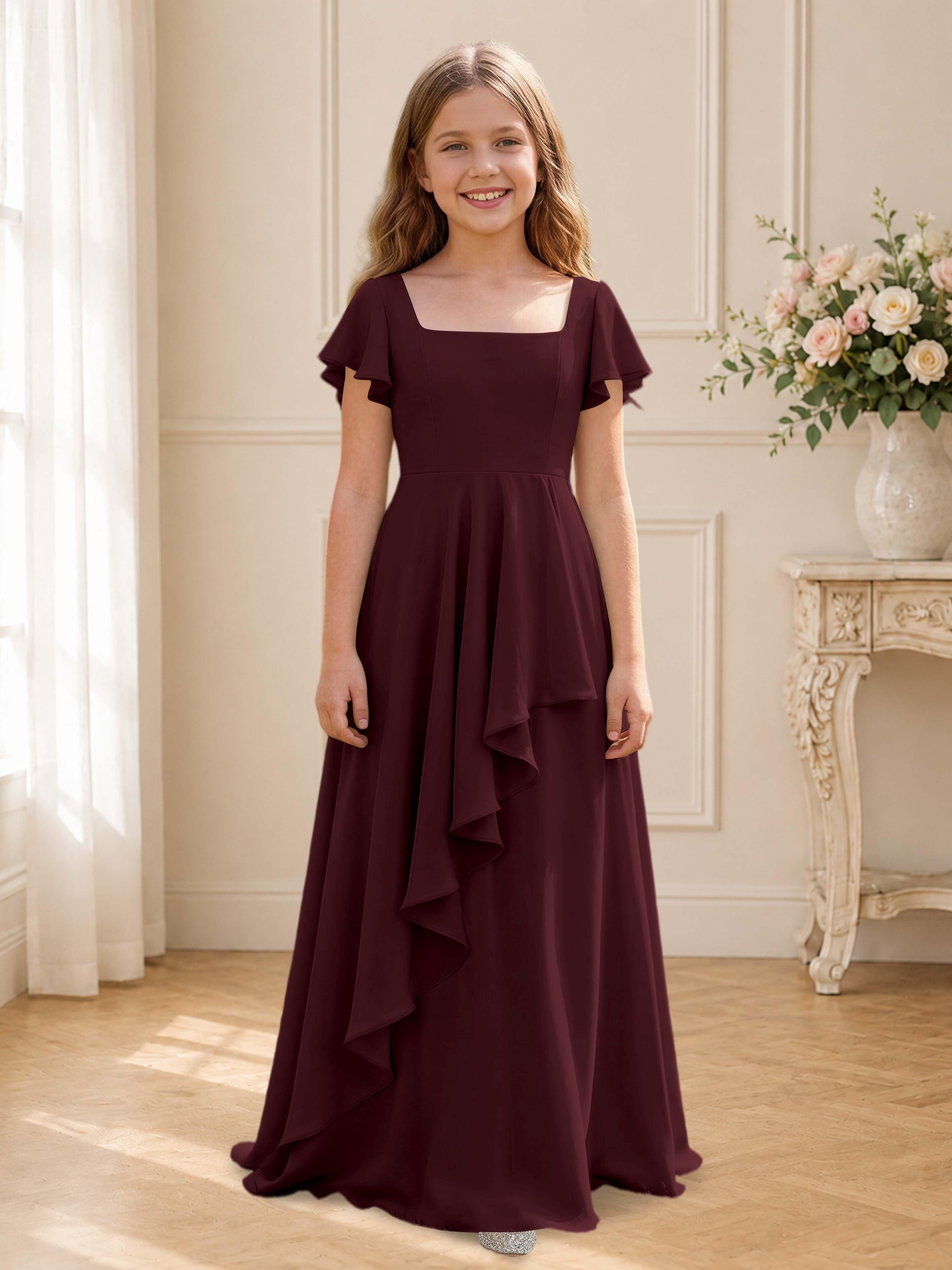 A-Line Square Neck Chiffon Junior Bridesmaid Dresses with Flutter Slee A-Line Square Neck Chiffon Junior Bridesmaid Dresses with Flutter Slee