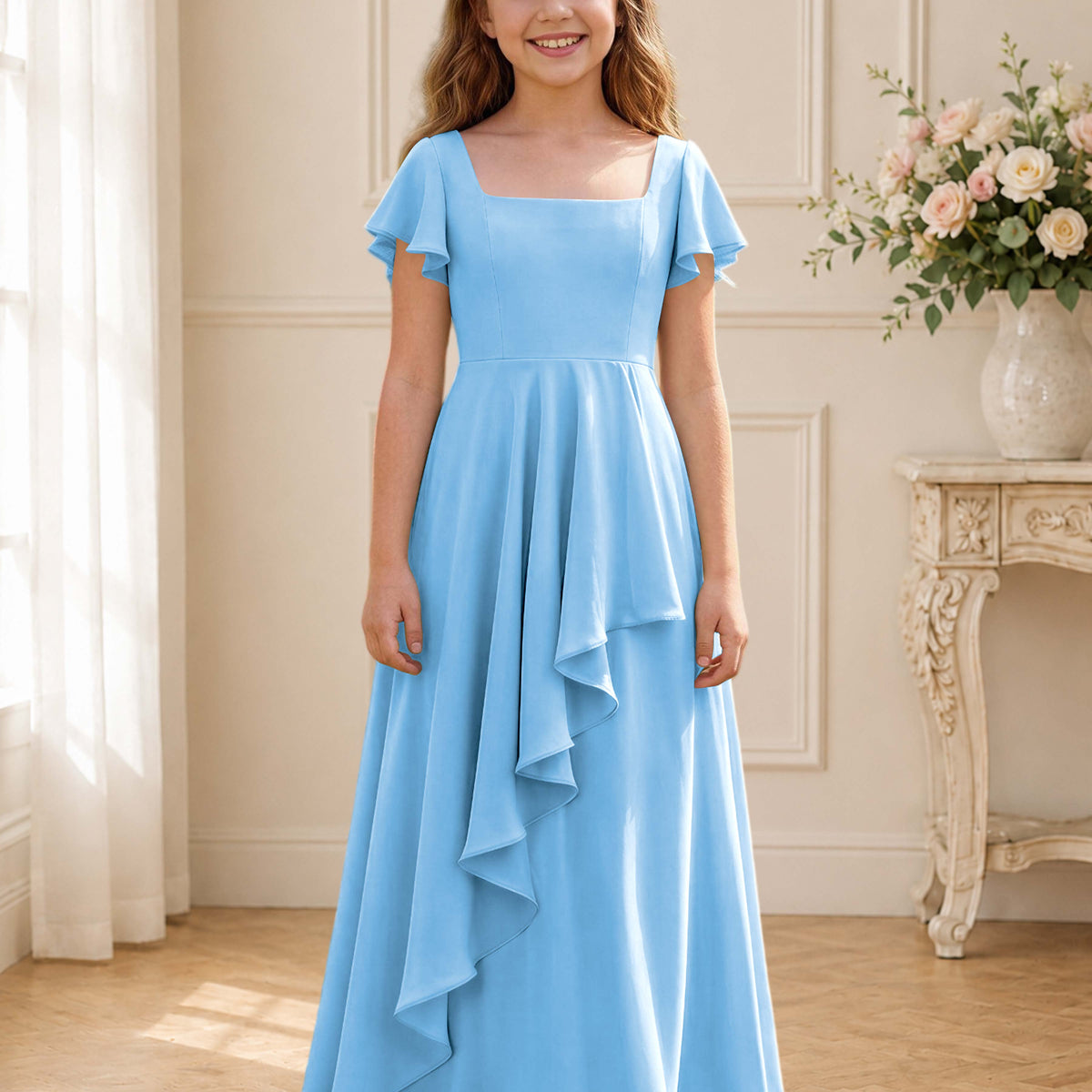 blue junior bridesmaid dresses Dark Navy Dress,One Shoulder Junior Bridesmaid Dress line skirt paired with a leg slit. Dress Store Dusty Blue Junior