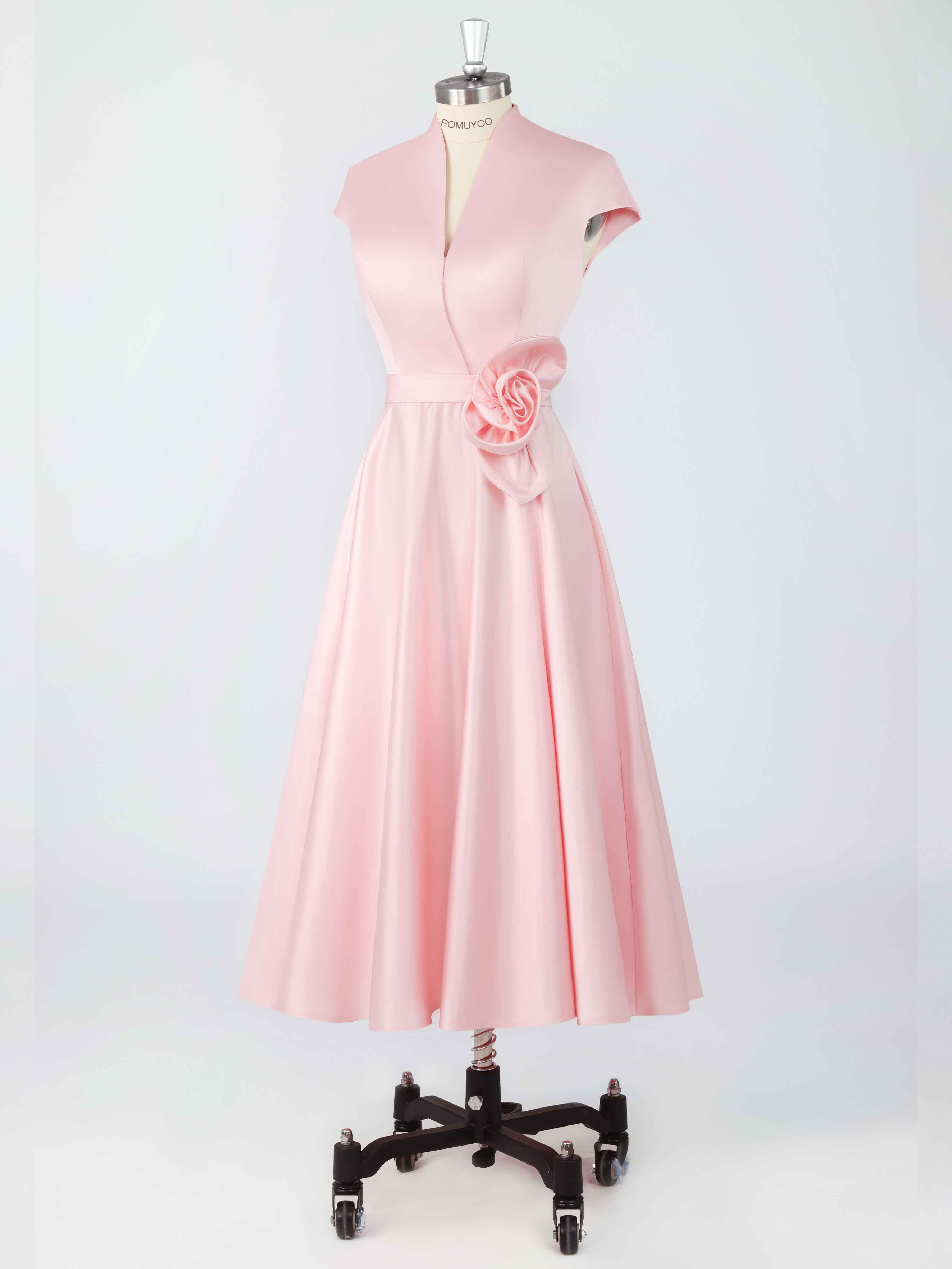 A-Line V-Neck Cap Sleeves Flower Tea Length Pleated Satin Mother of The Bride Dresses