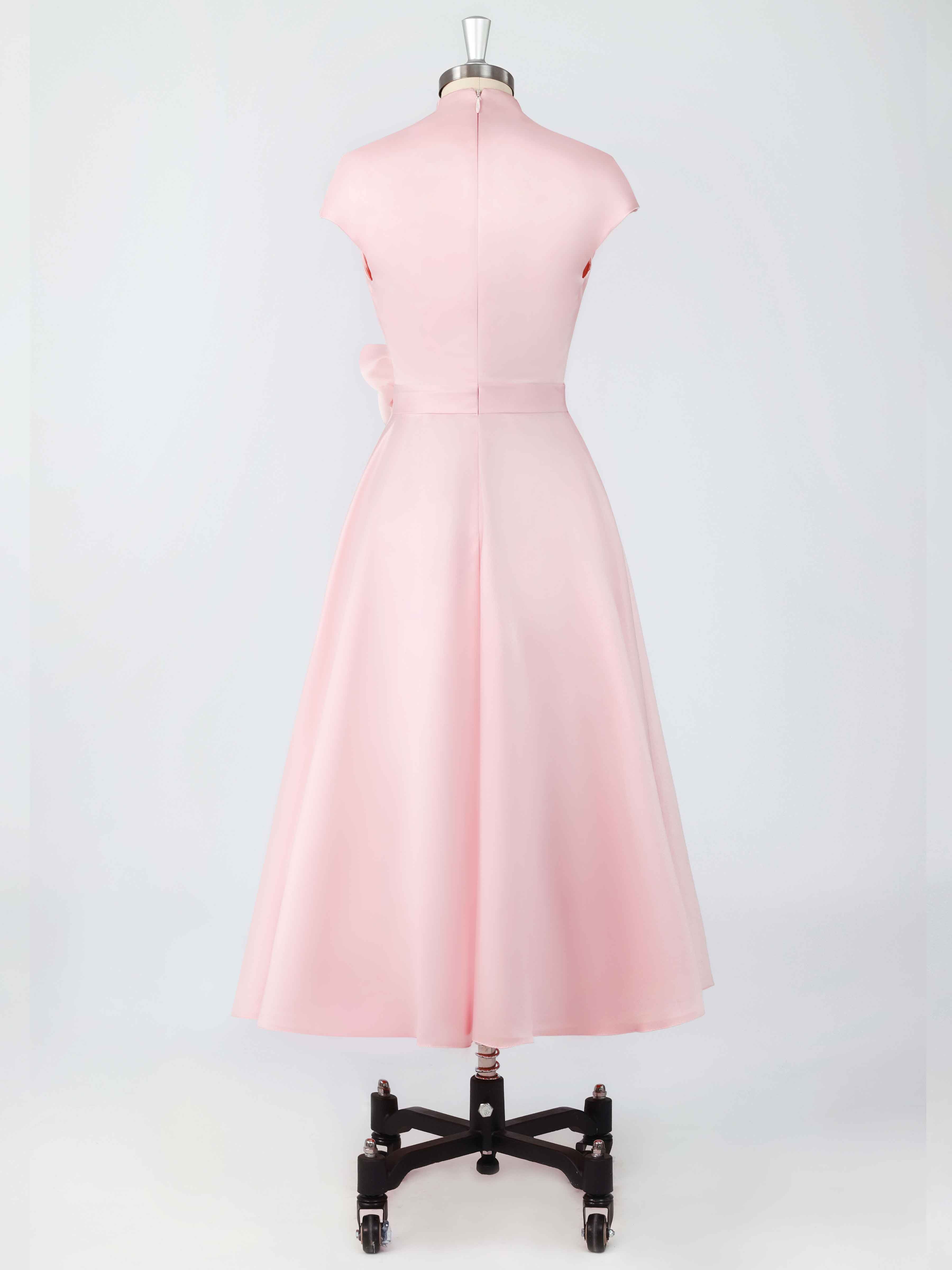 A-Line V-Neck Cap Sleeves Flower Tea Length Pleated Satin Mother of The Bride Dresses