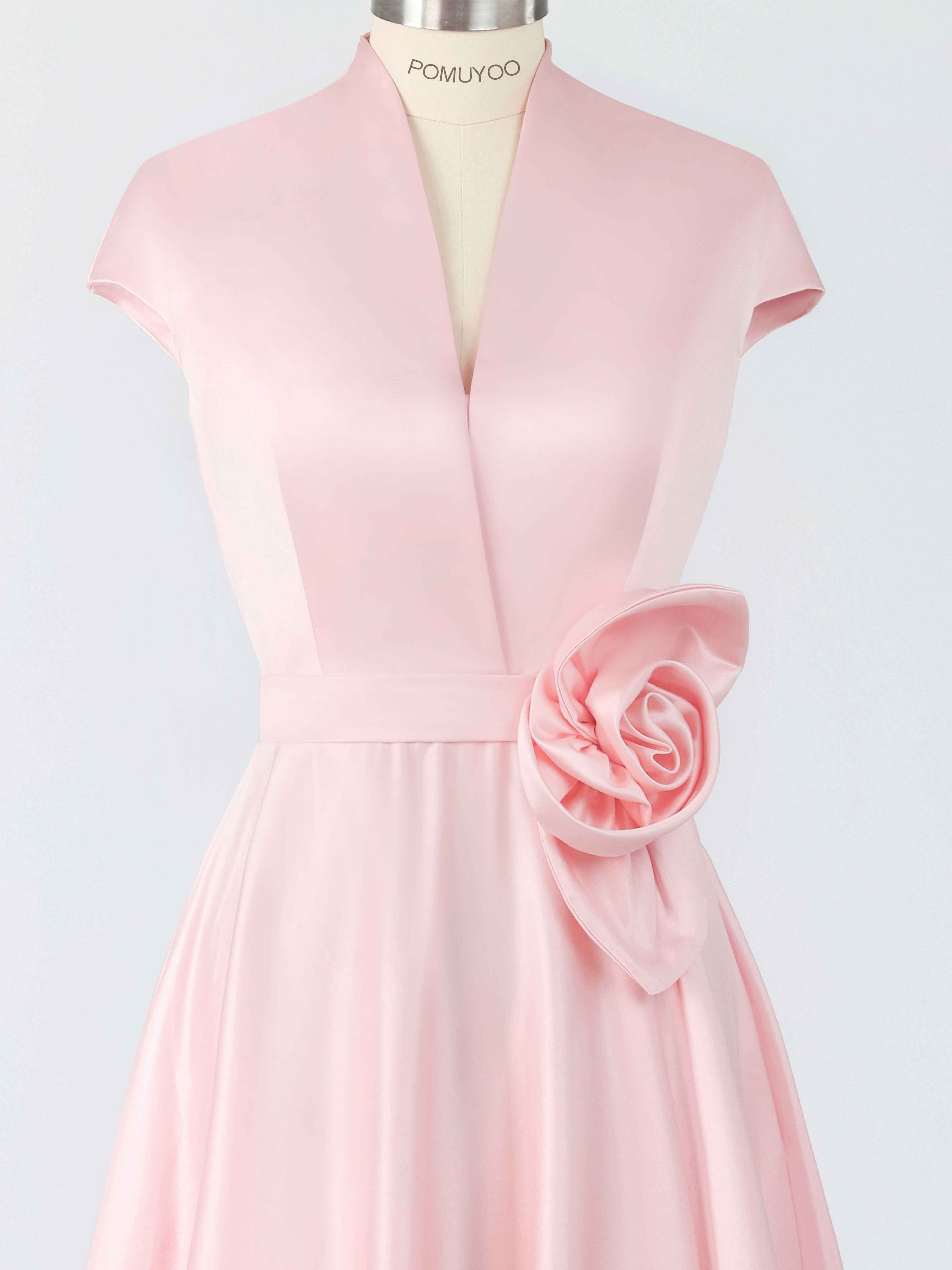A-Line V-Neck Cap Sleeves Flower Tea Length Pleated Satin Mother of The Bride Dresses
