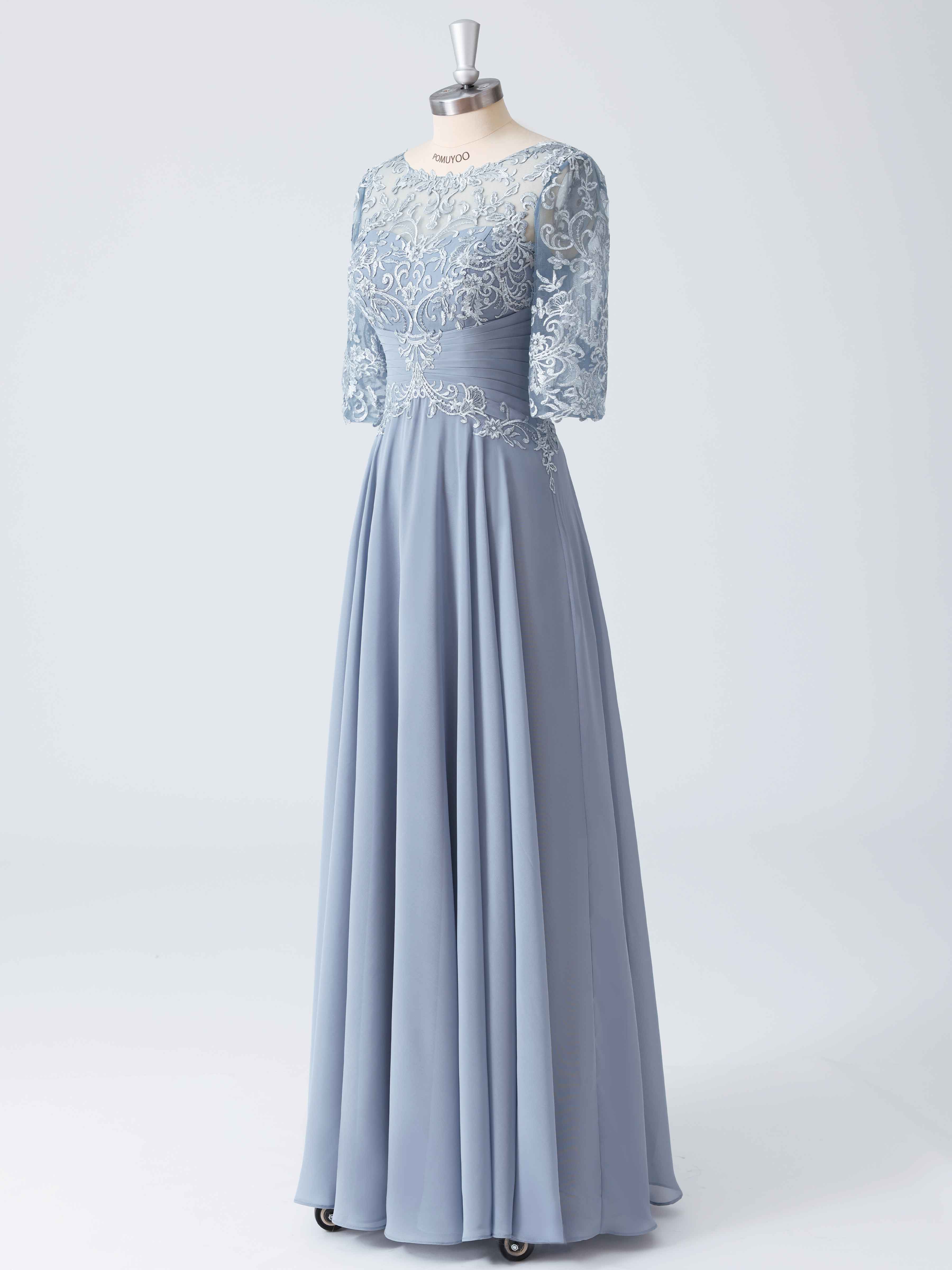 A-line Illusion Pleated Floor Length Lace Chiffon Mother of the Bride Dresses