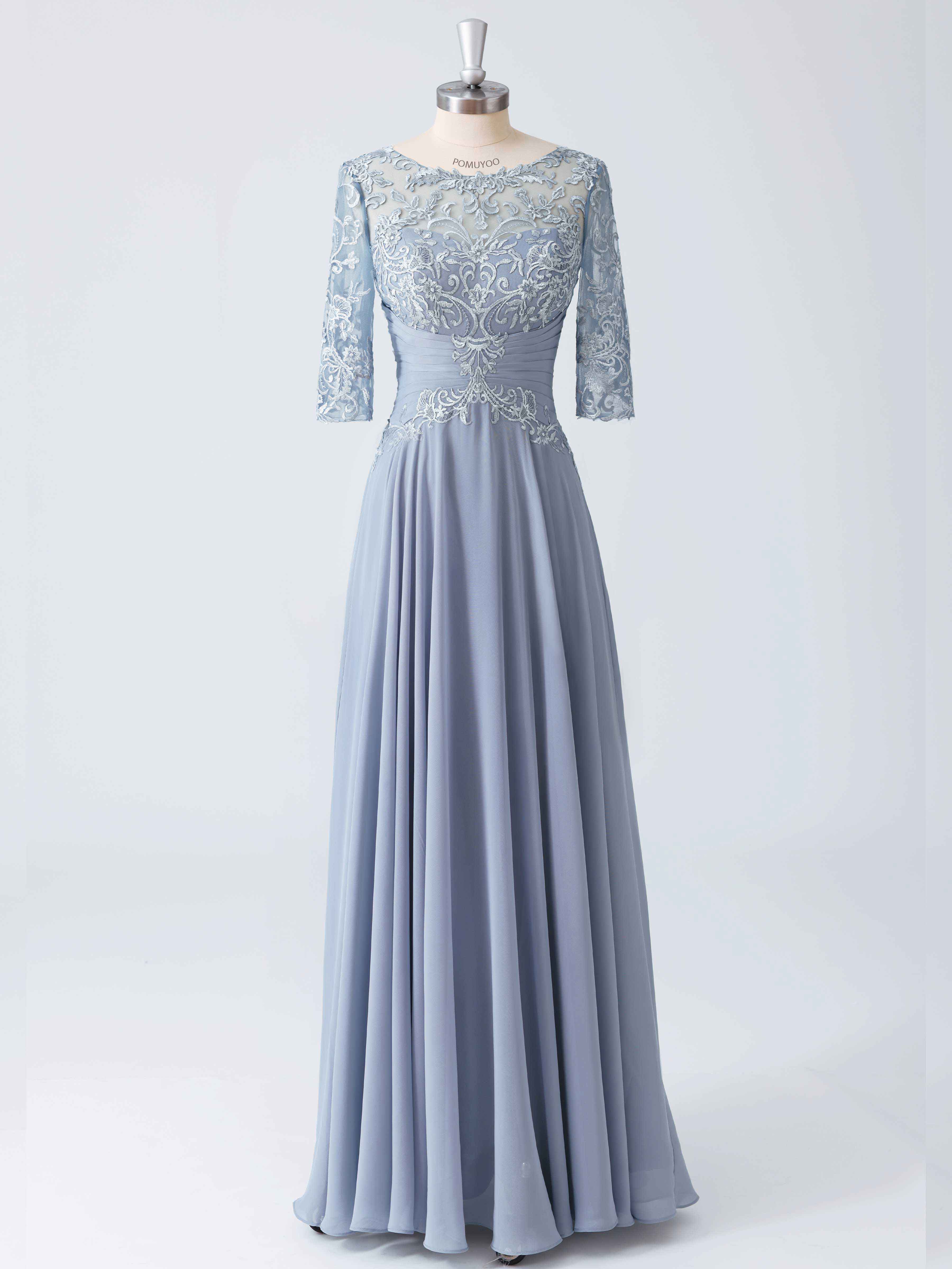 A-line Illusion Pleated Floor Length Lace Chiffon Mother of the Bride Dresses
