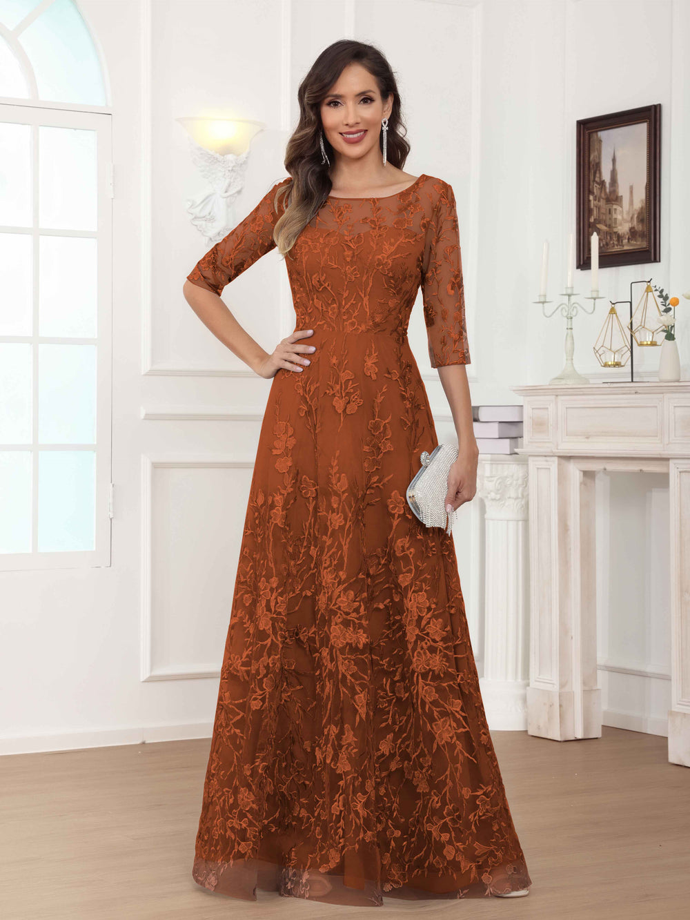 Althea Delicate A-Line Illusion Lace Appliques Mother of The Bride Dresses With Sleeves