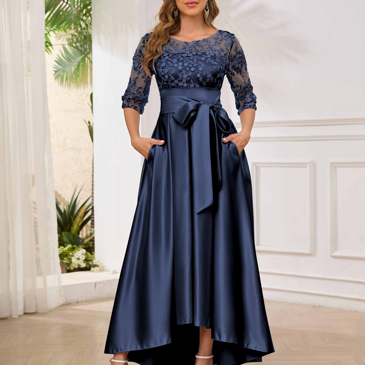 A-Line Lace Illusion Appliques High Low Satin Navy Blue Mother of the Bride & Groom Dresses with Pockets