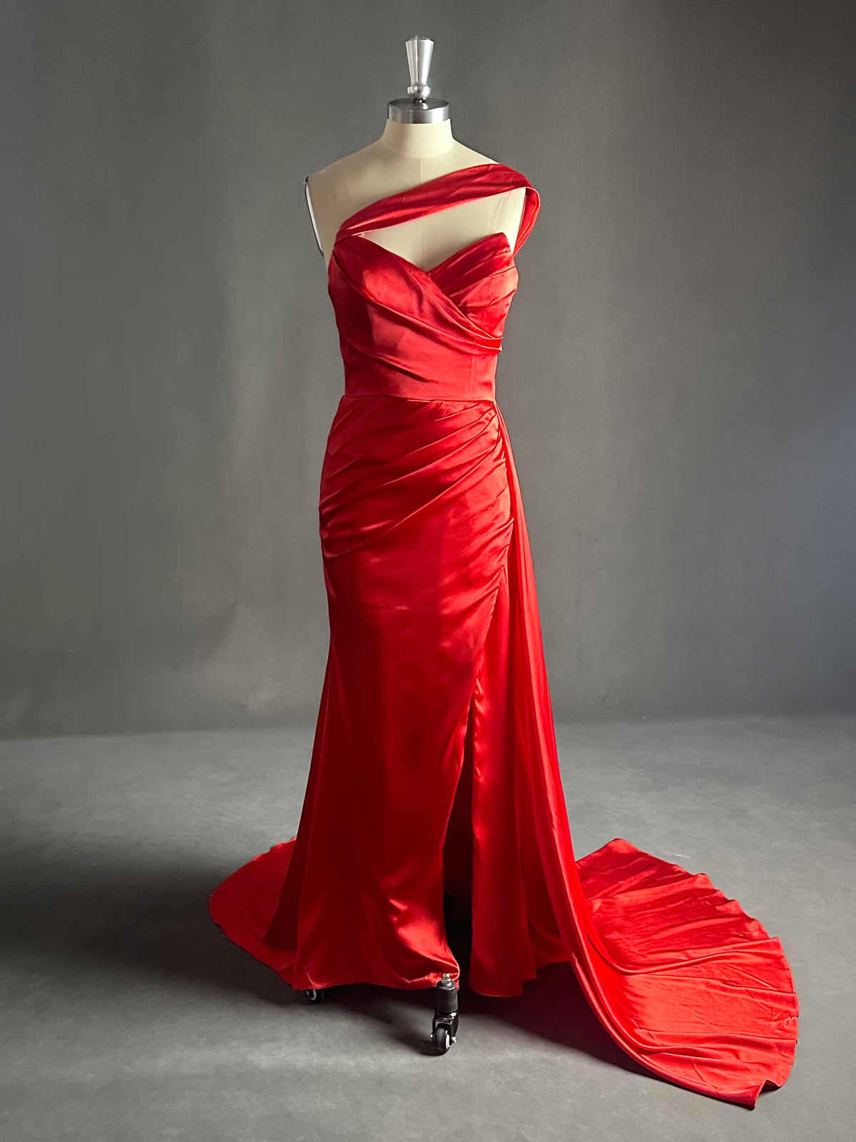 One Shoulder Satin Prom Dress with Slit Taupe Plus Size