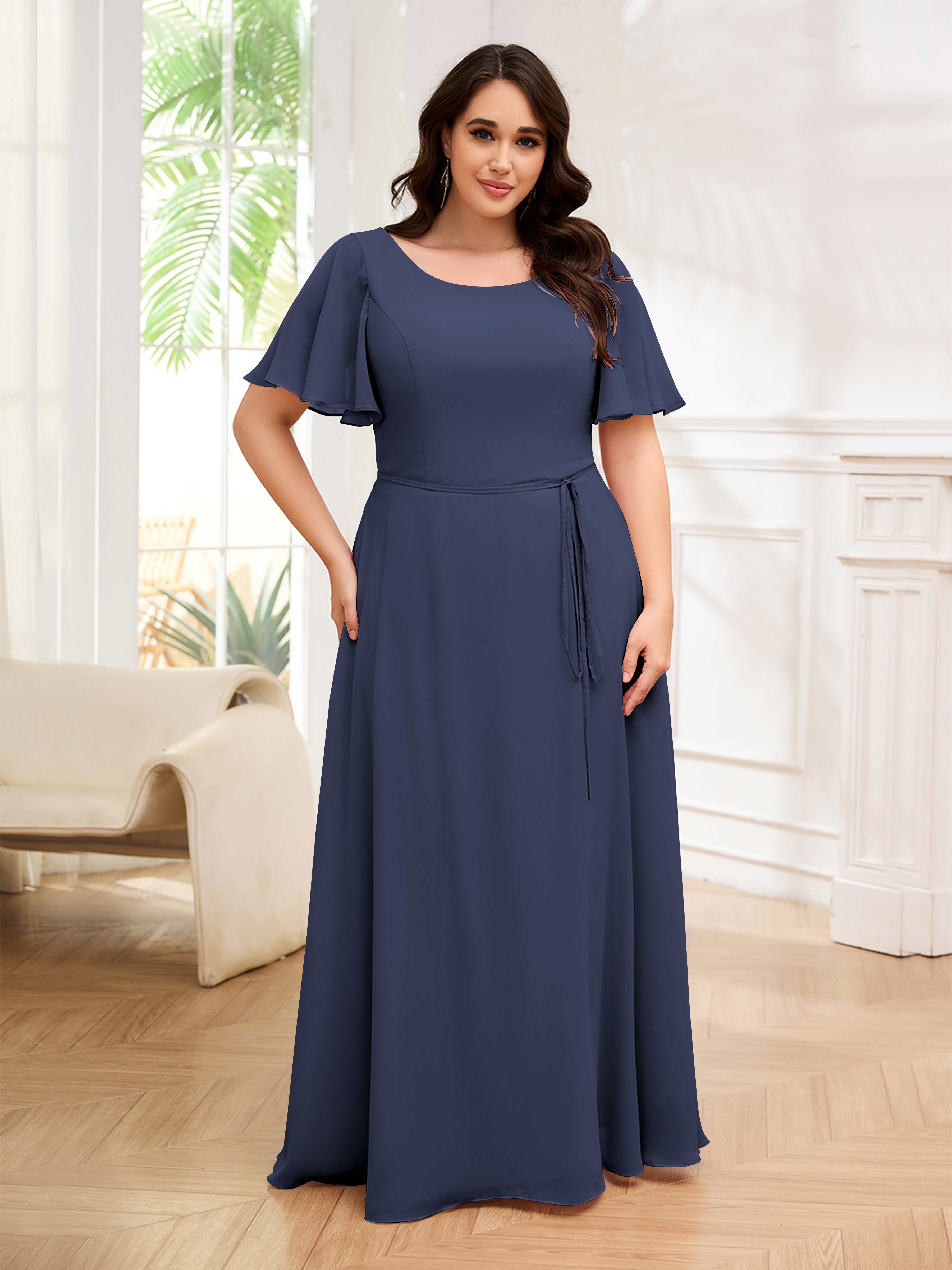 Ariya Charming Round Neck Floor Length Chiffon Plus Size Bridesmaid Dr