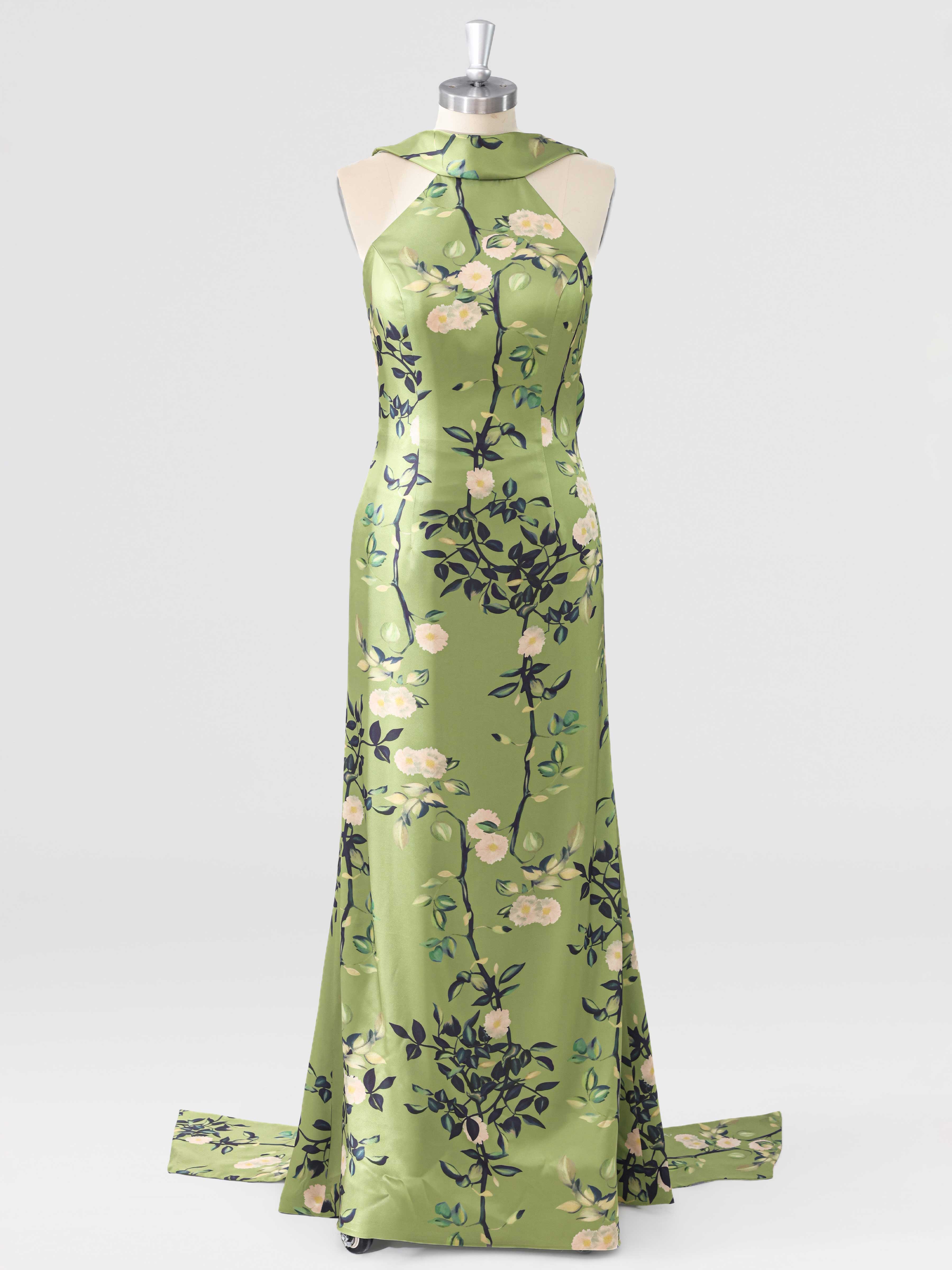 Auralie Elegant Floral Satin Halter Neck Mother of the Bride Dress with Bow Back